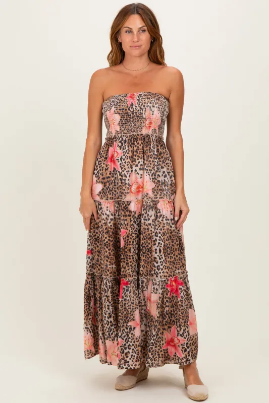 Mocha Animal Print Floral Smocked Strapless Maxi Dress made by Davi & Dani