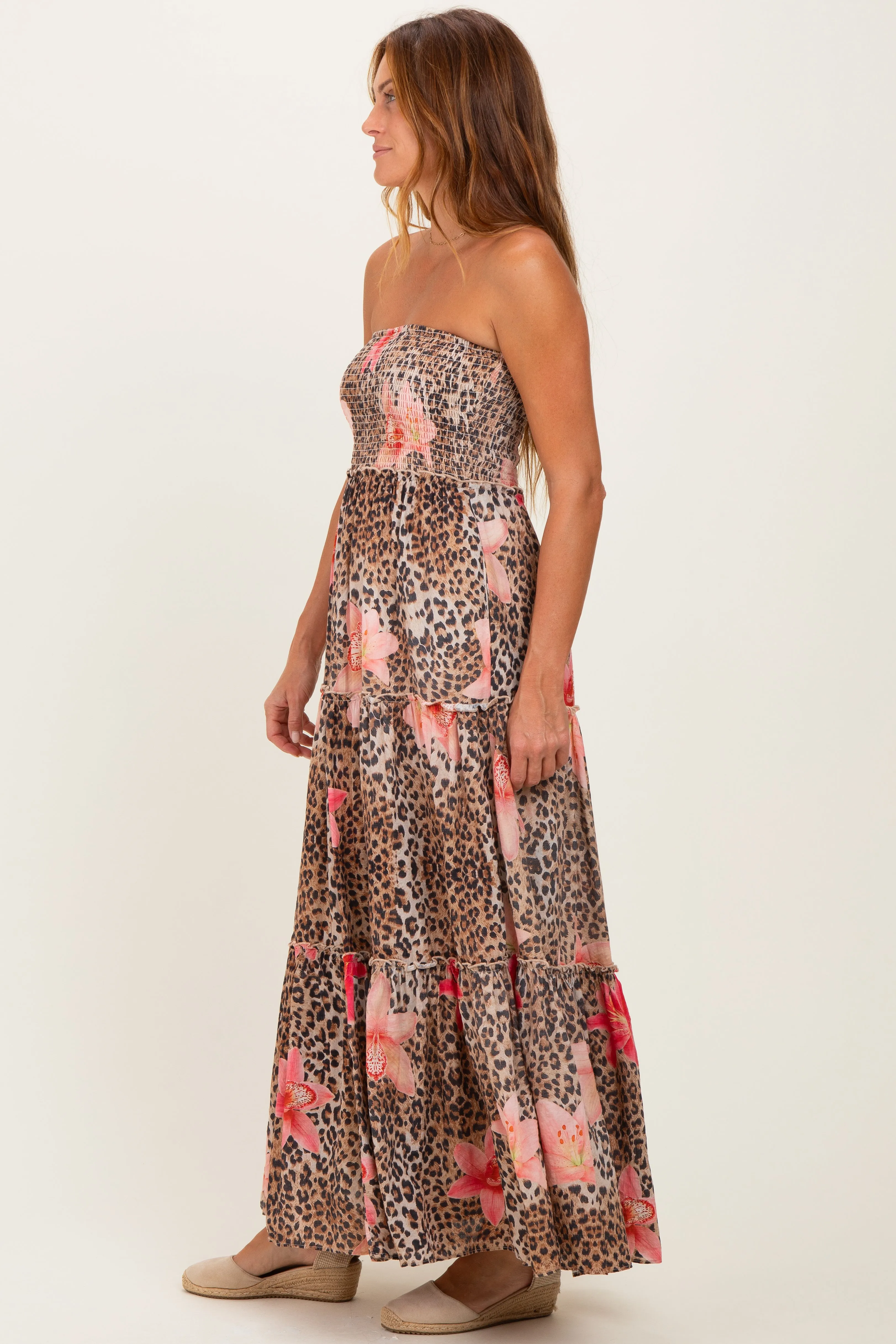 Mocha Animal Print Floral Smocked Strapless Maxi Dress sold by Pinkblush product image thumbnail 2