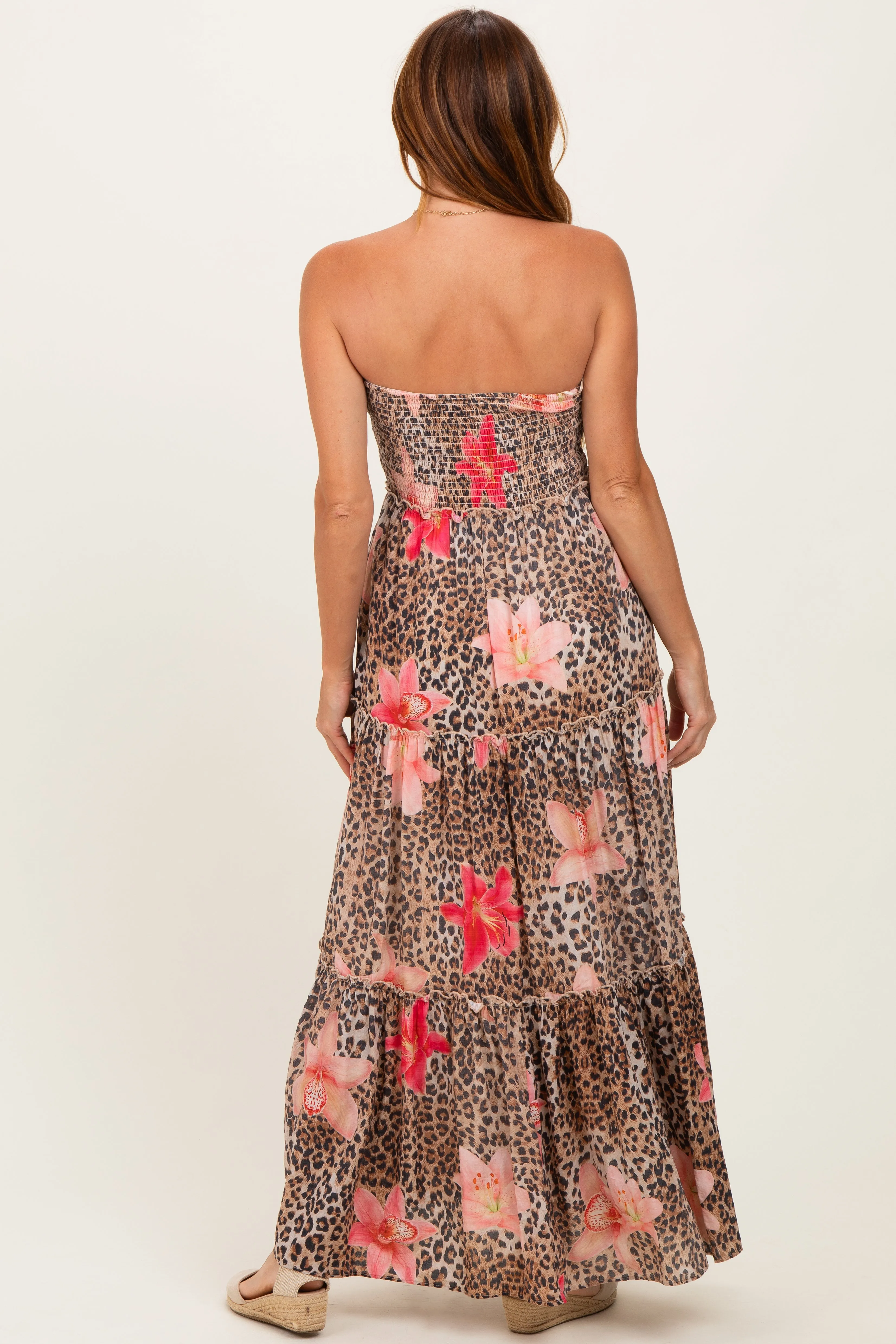 Mocha Animal Print Floral Smocked Strapless Maxi Dress sold by Pinkblush product image thumbnail 3
