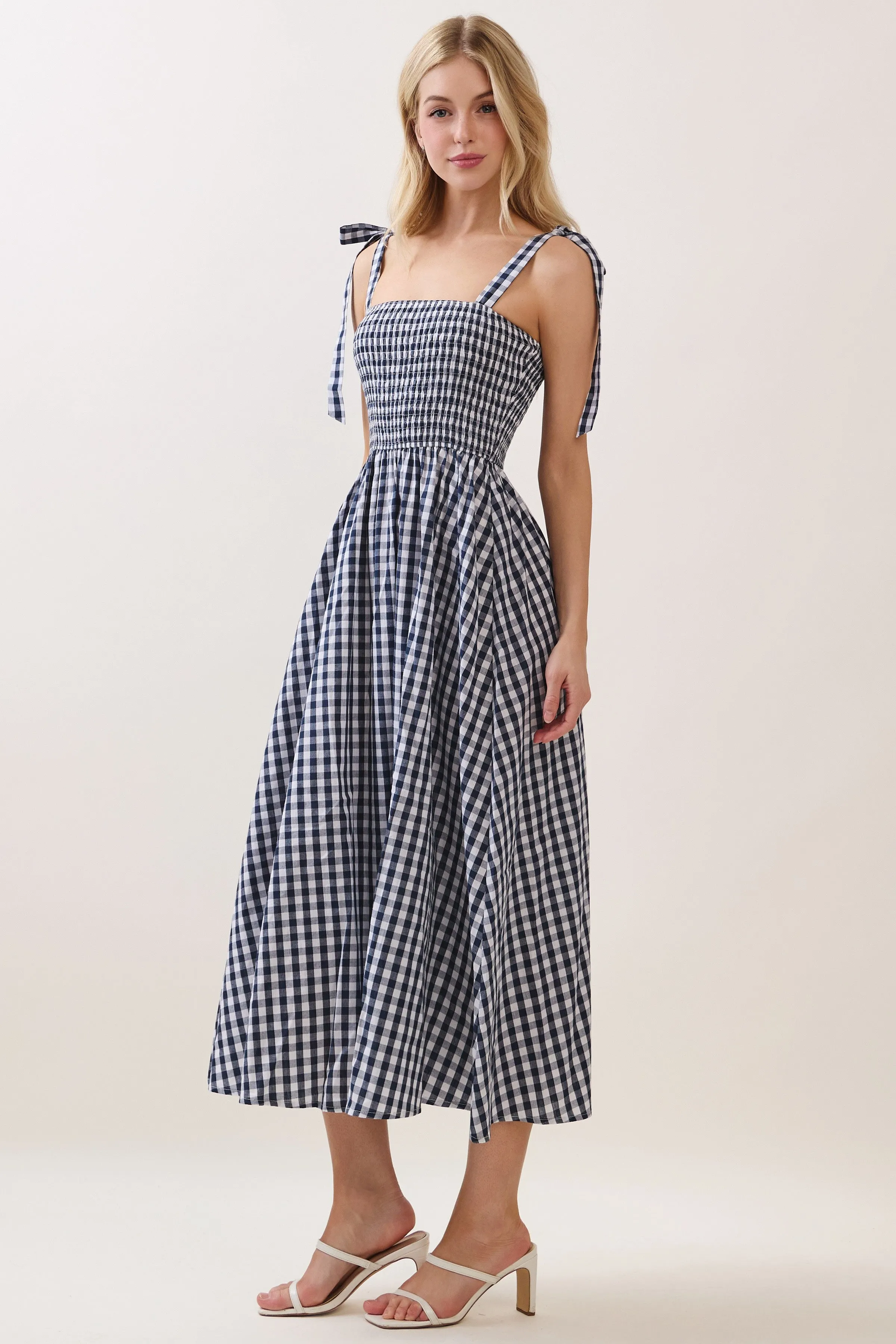 Navy Gingham Smocked Shoulder Tie Midi Dress sold by Pinkblush product image thumbnail 3