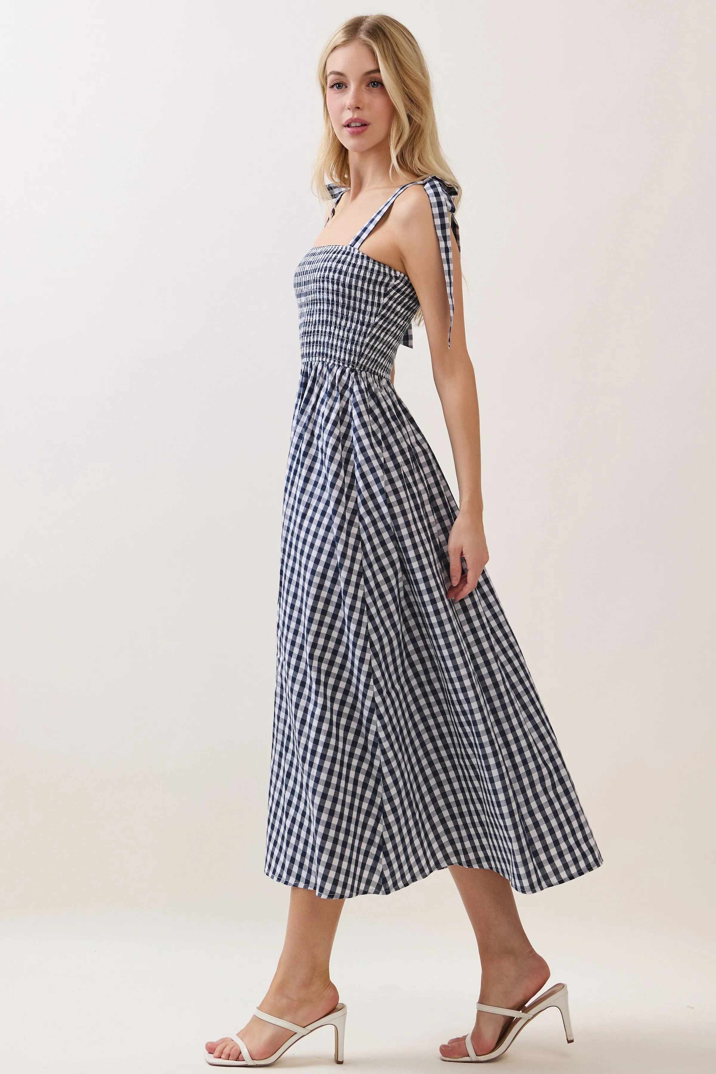 Navy Gingham Smocked Shoulder Tie Midi Dress sold by Pinkblush product image thumbnail 4