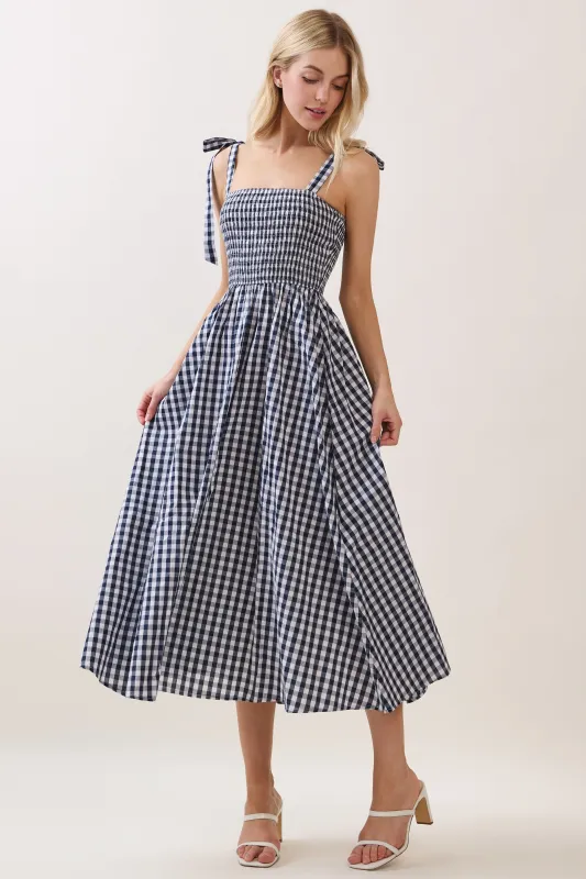 Navy Gingham Smocked Shoulder Tie Midi Dress made by Pinkblush