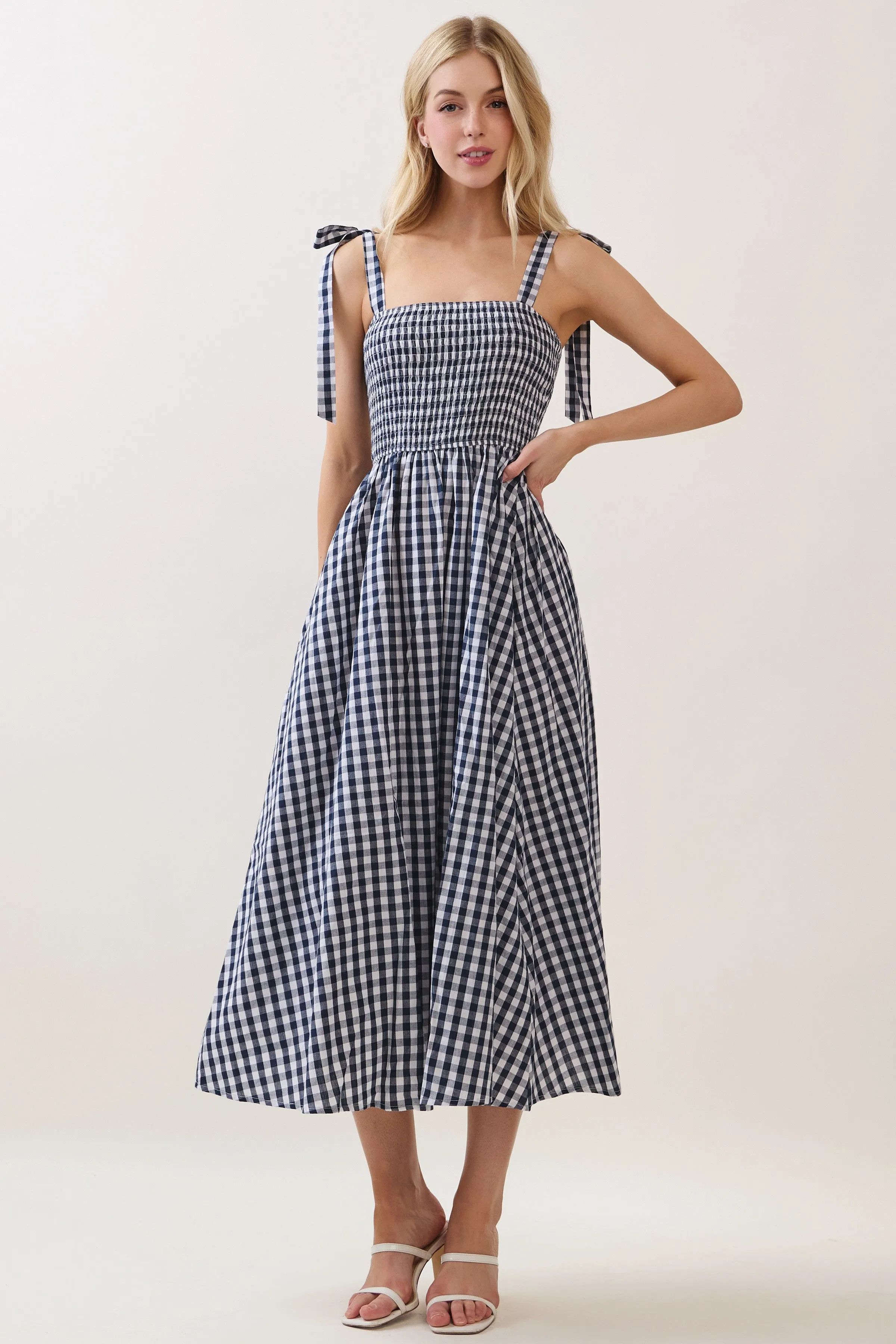 Navy Gingham Smocked Shoulder Tie Midi Dress sold by Pinkblush product image thumbnail 2