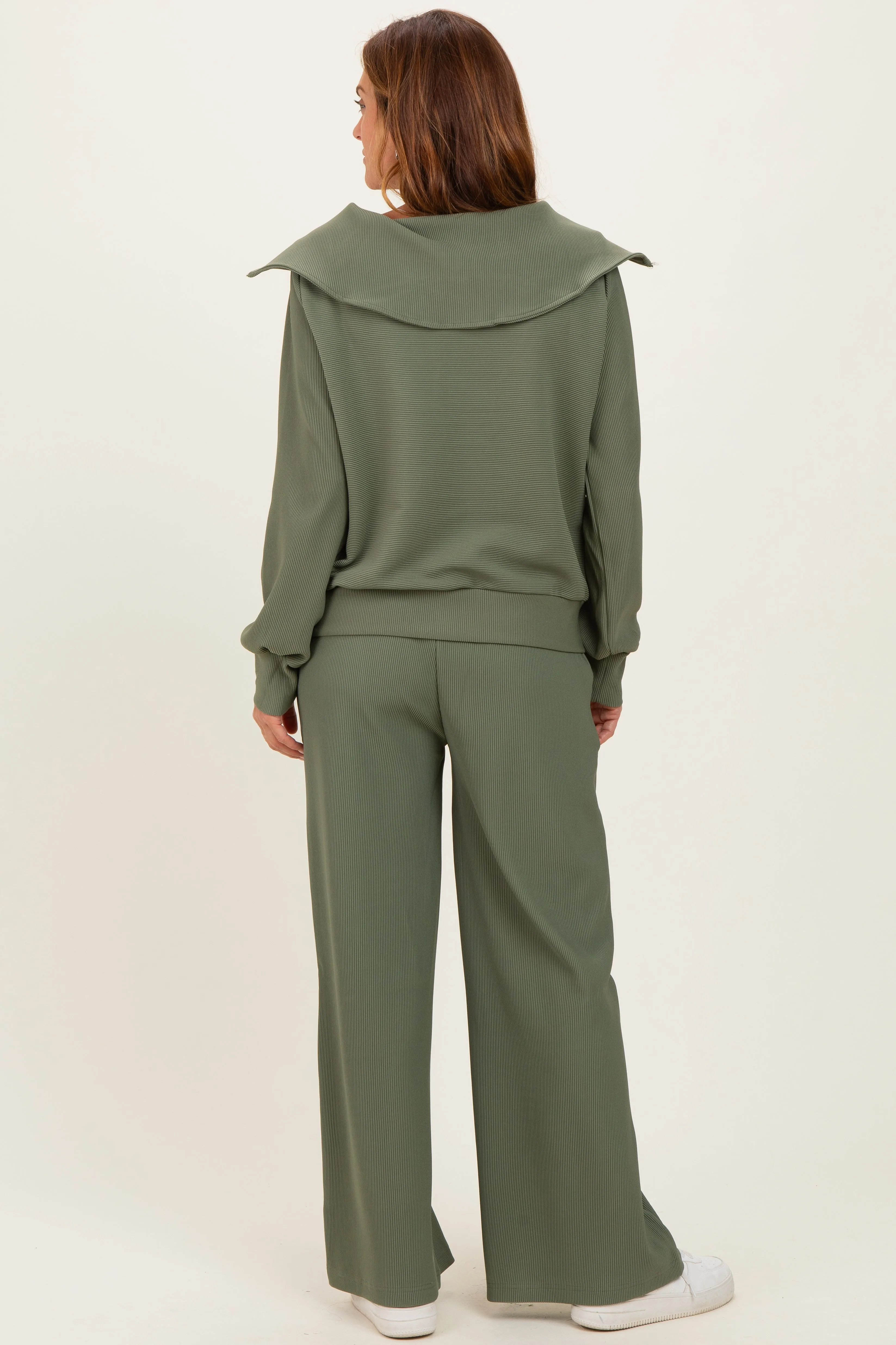 Light Olive Ribbed High Neck Half Zip Pullover Pant Set sold by Pinkblush product image thumbnail 4