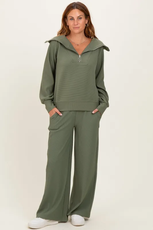 Light Olive Ribbed High Neck Half Zip Pullover Pant Set made by Zenana Outfitters
