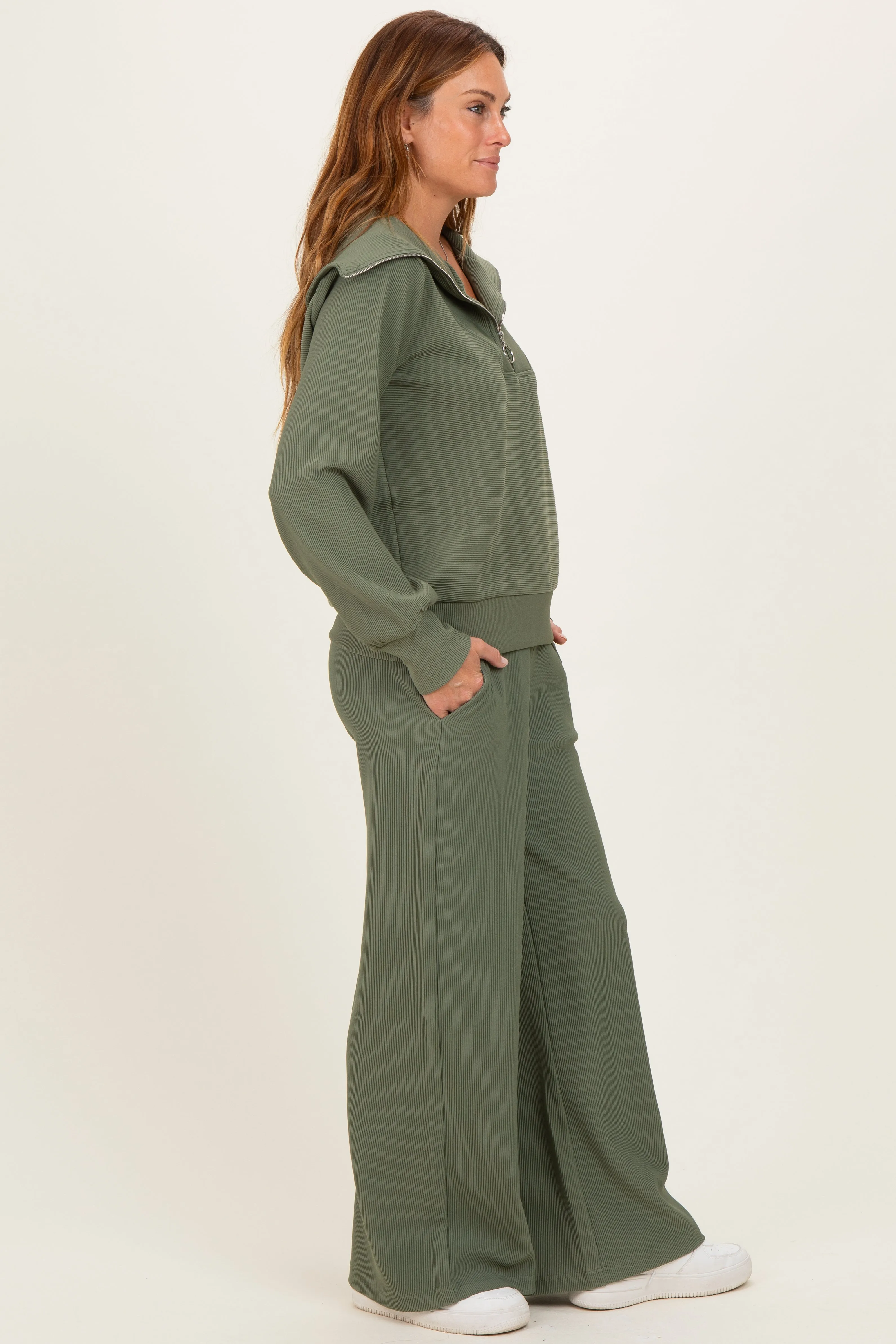 Light Olive Ribbed High Neck Half Zip Pullover Pant Set sold by Pinkblush product image thumbnail 3