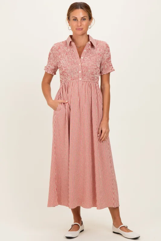 Red Smocked Gingham Collared Midi Dress made by tea n rose