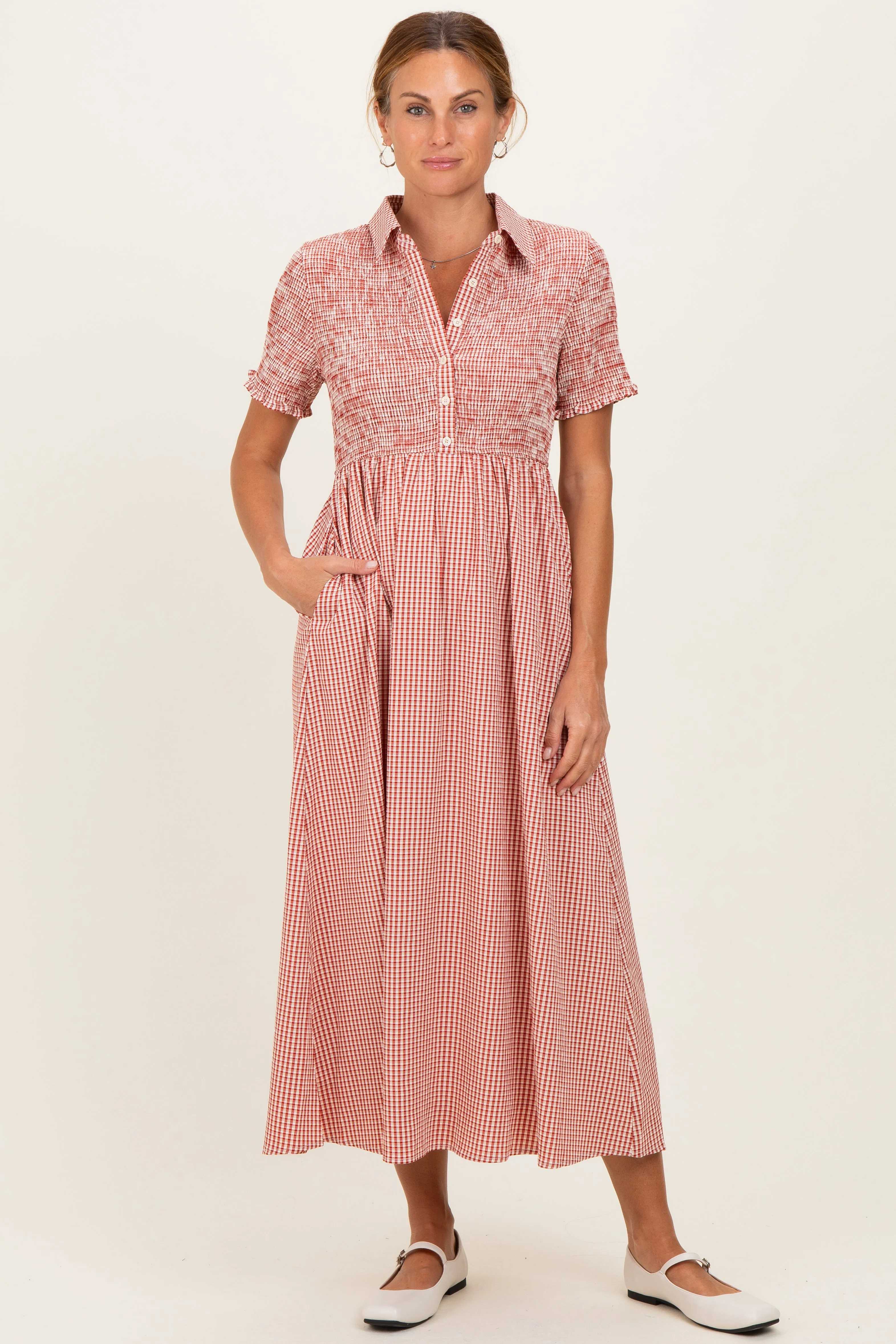 Red Smocked Gingham Collared Midi Dress sold by Pinkblush