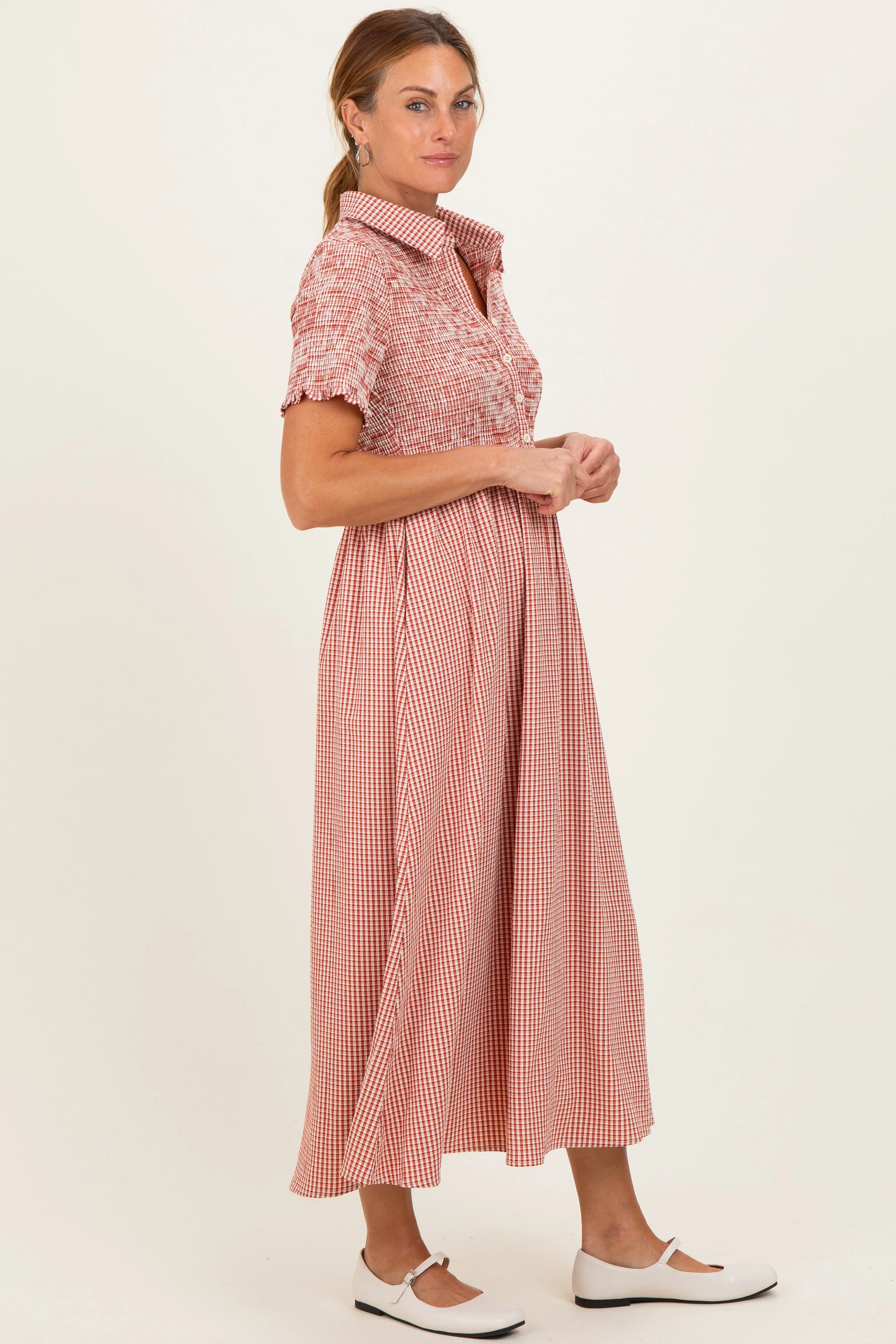 Red Smocked Gingham Collared Midi Dress sold by Pinkblush product image thumbnail 2