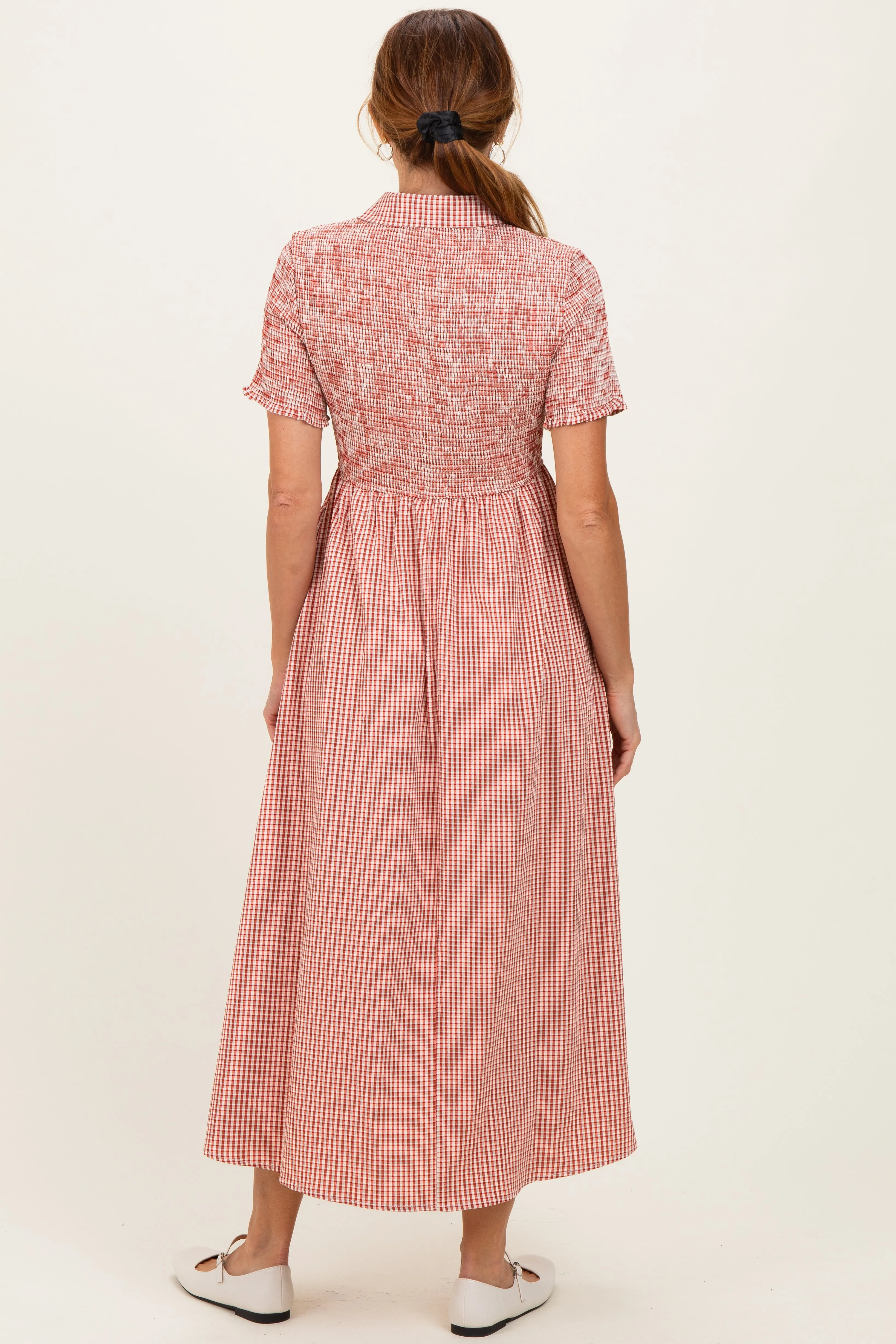 Red Smocked Gingham Collared Midi Dress sold by Pinkblush product image thumbnail 3