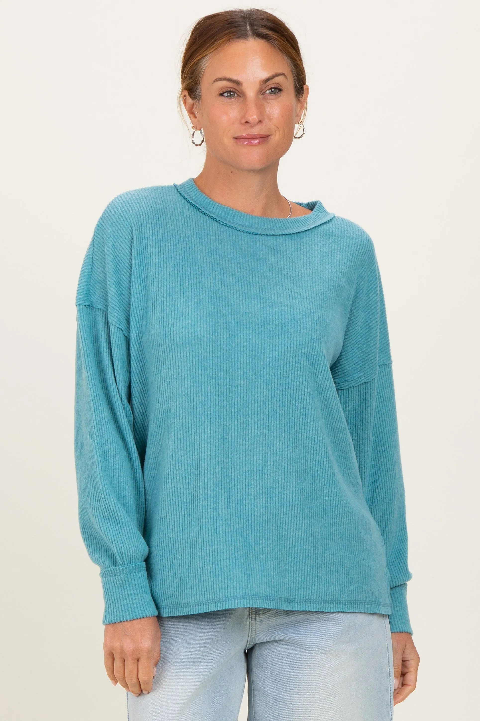 Dusty Teal Brushed Ribbed Knit Pullover sold by Pinkblush