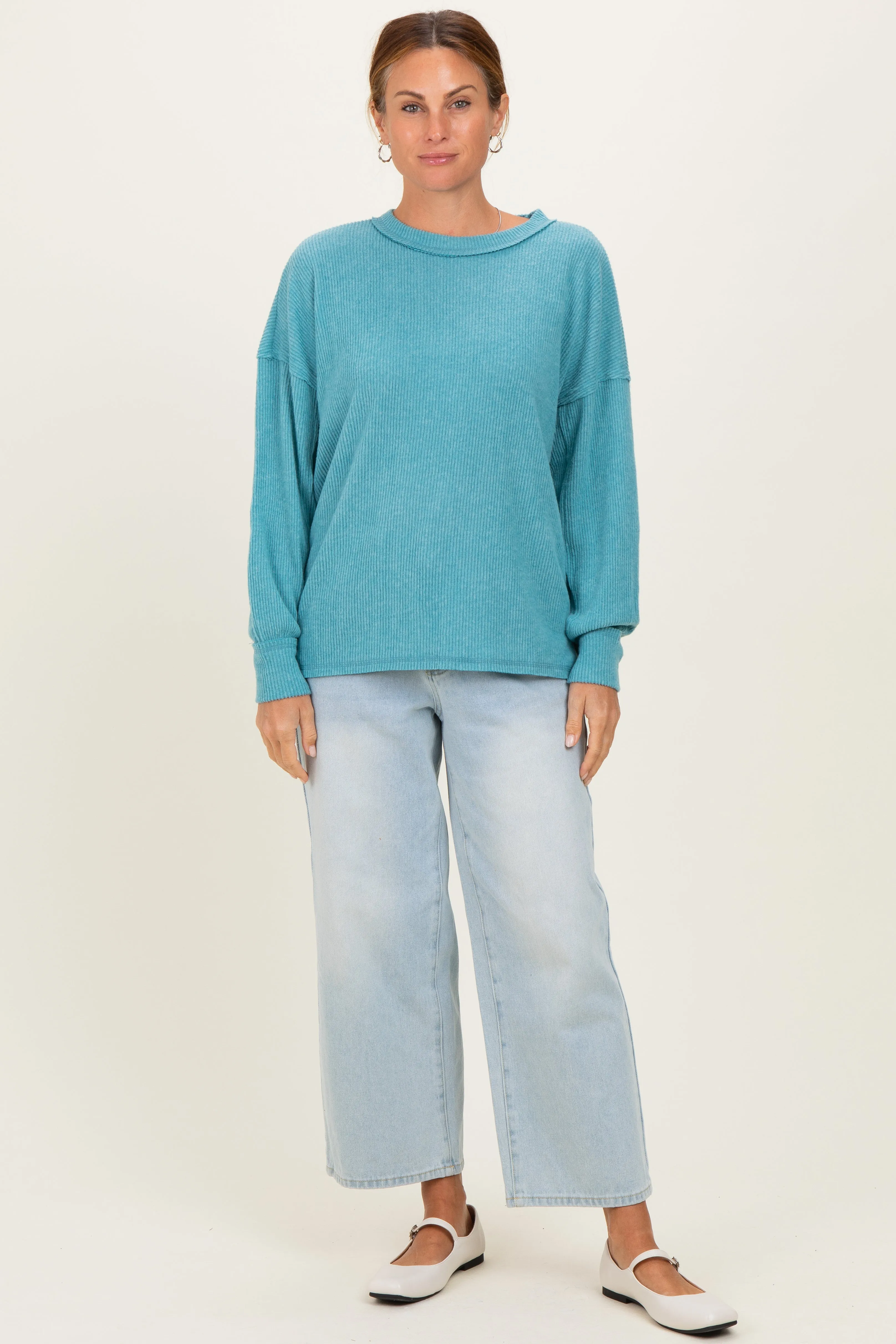 Dusty Teal Brushed Ribbed Knit Pullover sold by Pinkblush product image thumbnail 2