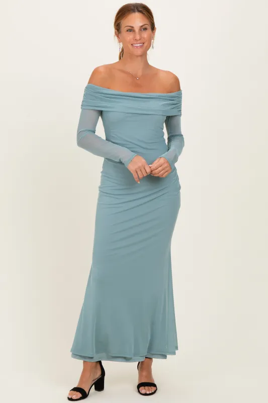 Blue Mesh Overlay Off Shoulder Long Sleeve Midi Dress made by Fore Collection