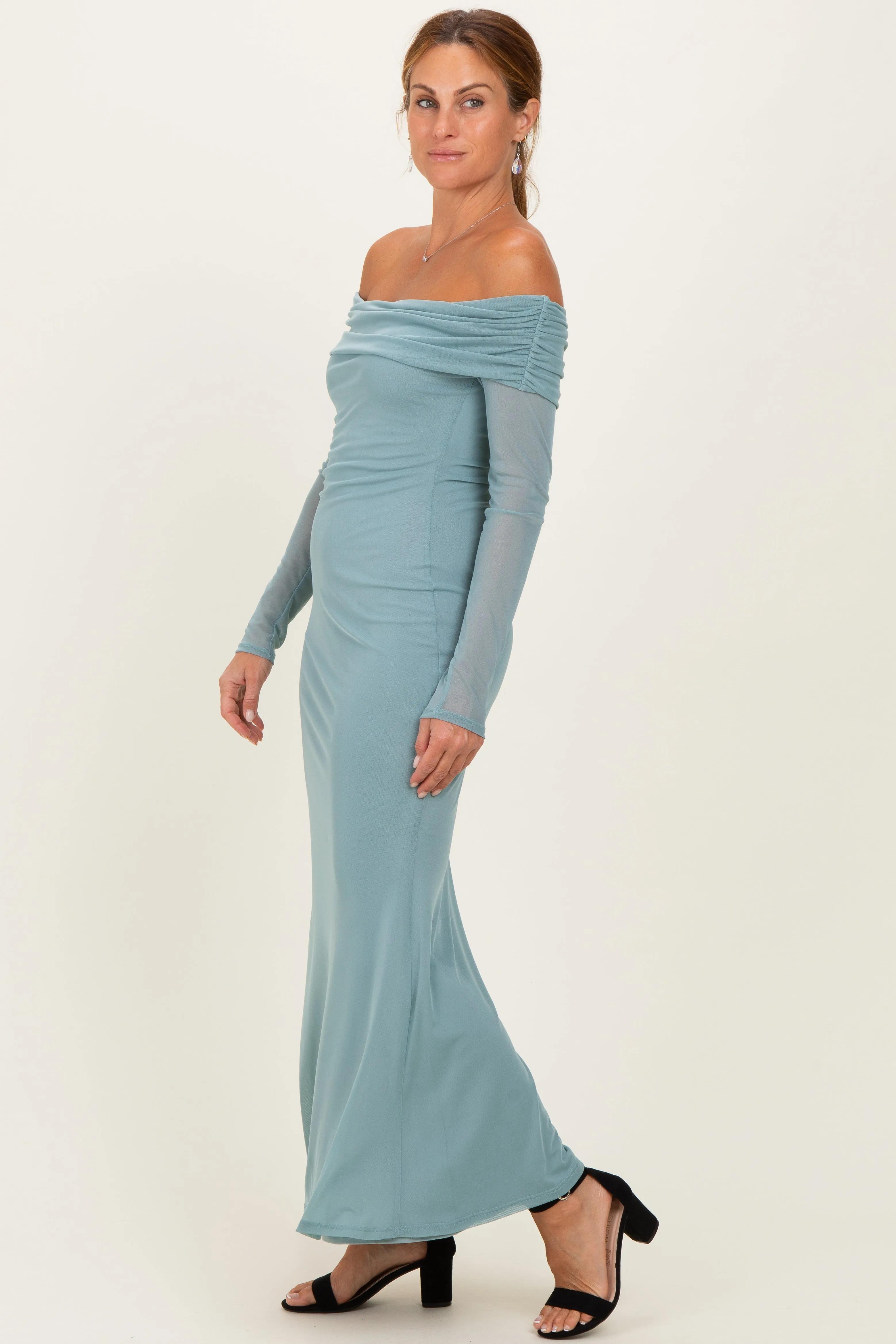 Blue Mesh Overlay Off Shoulder Long Sleeve Midi Dress sold by Pinkblush product image thumbnail 2