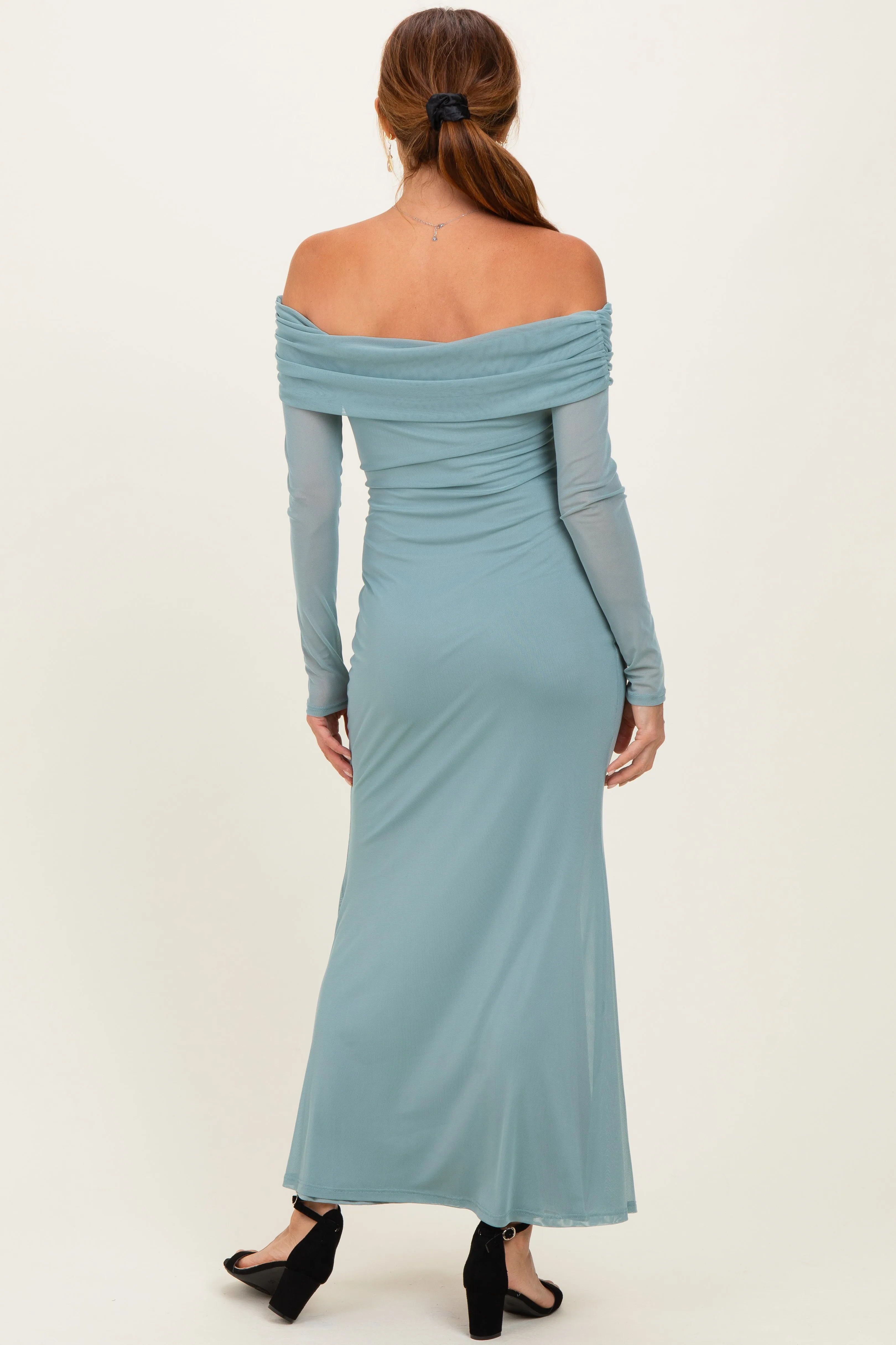 Blue Mesh Overlay Off Shoulder Long Sleeve Midi Dress sold by Pinkblush product image thumbnail 3