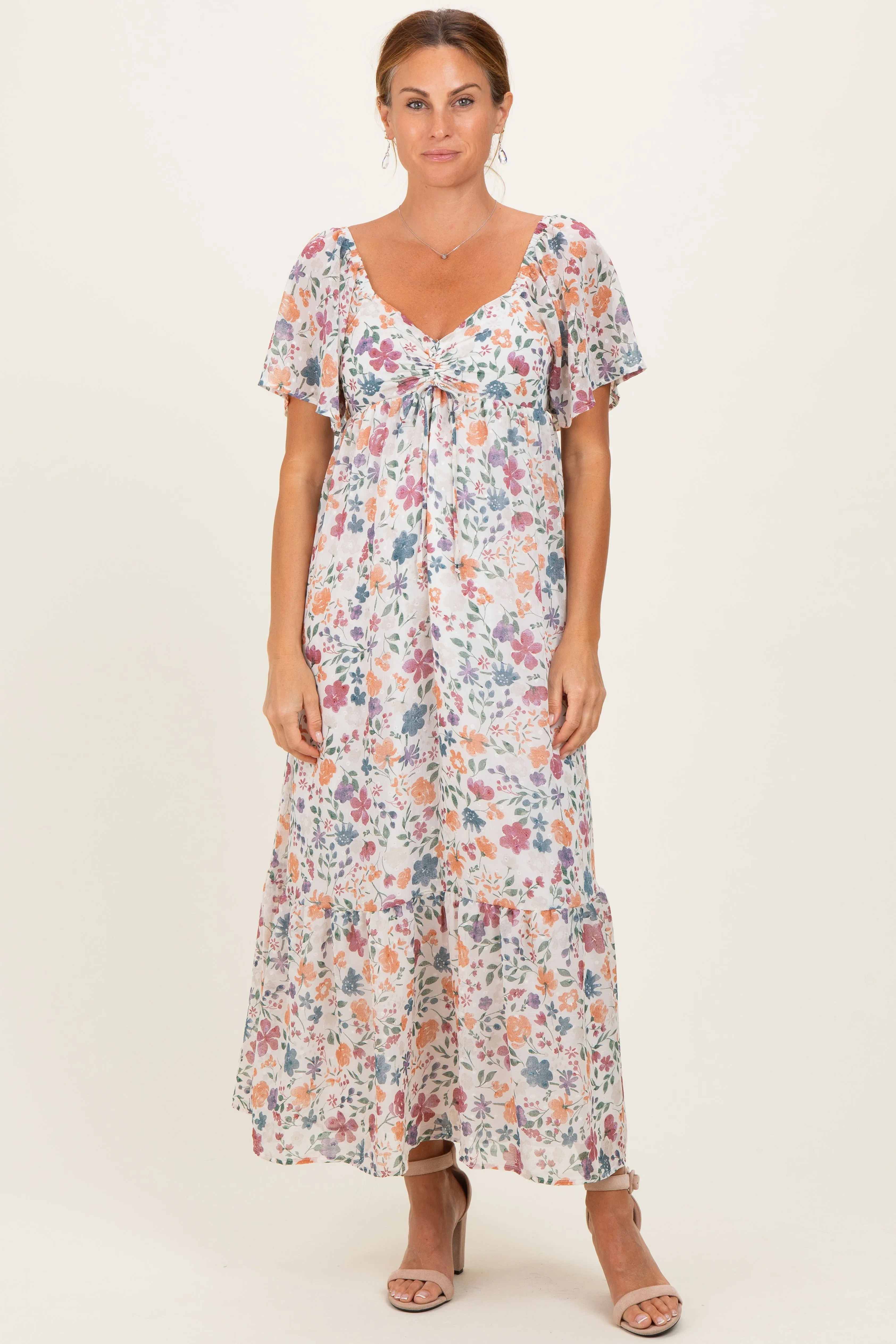 Ivory Floral Short Sleeve Maxi Dress sold by Pinkblush