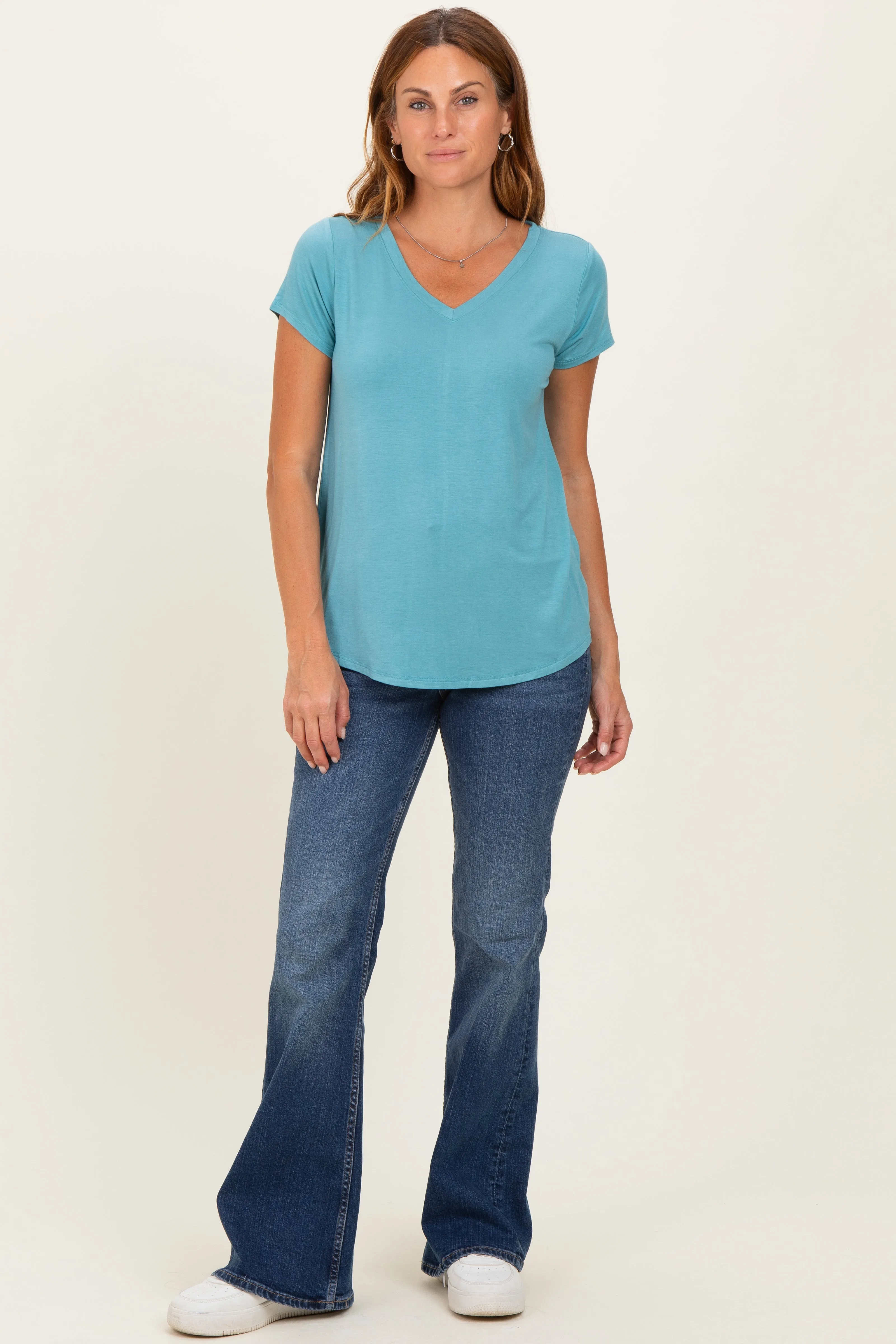 Dusty Teal Basic V-Neck Short Sleeve Top sold by Pinkblush product image thumbnail 2