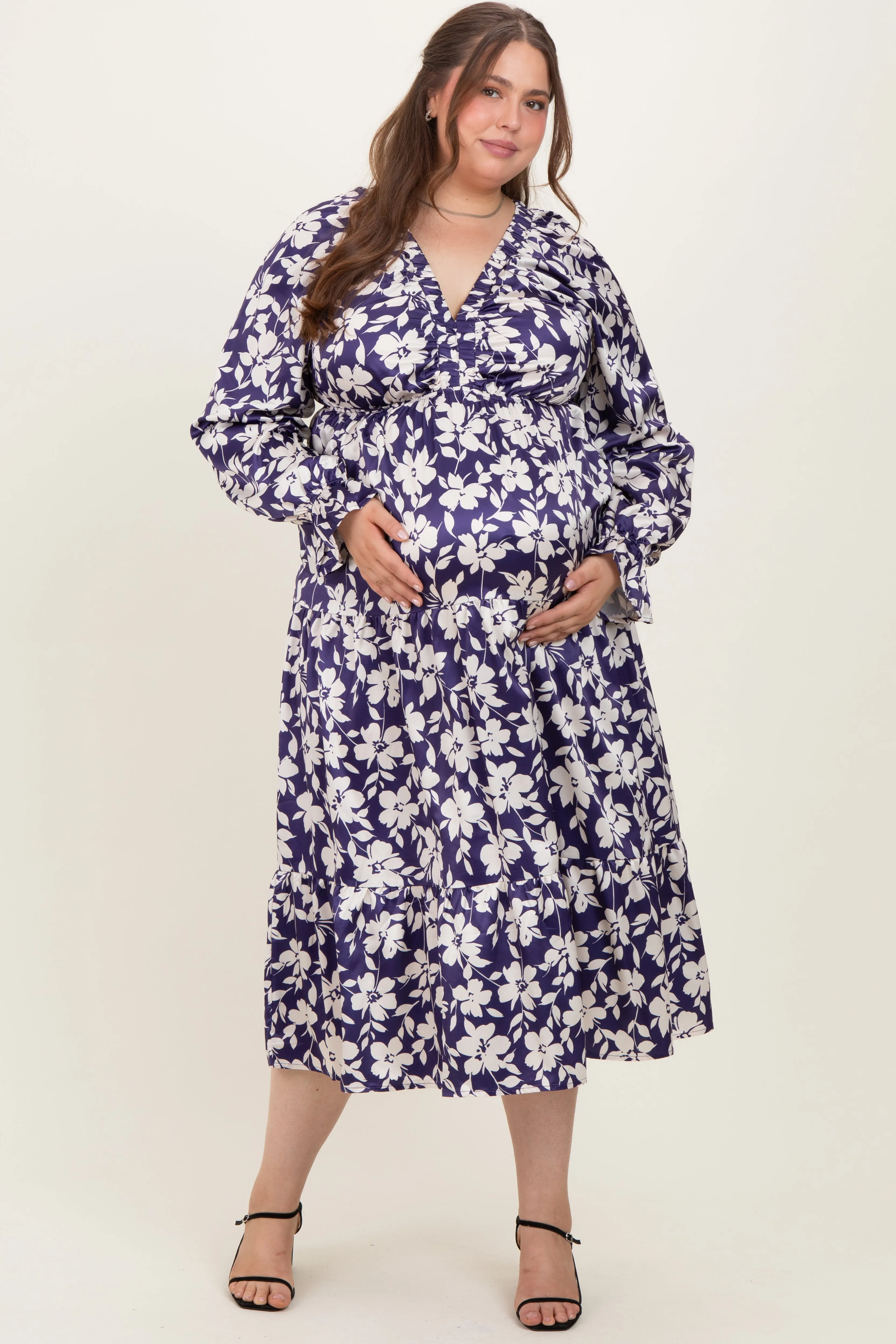 Navy Floral Tiered Ruched V-Neck Satin Plus Maternity Maxi Dress sold by Pinkblush product image thumbnail 2
