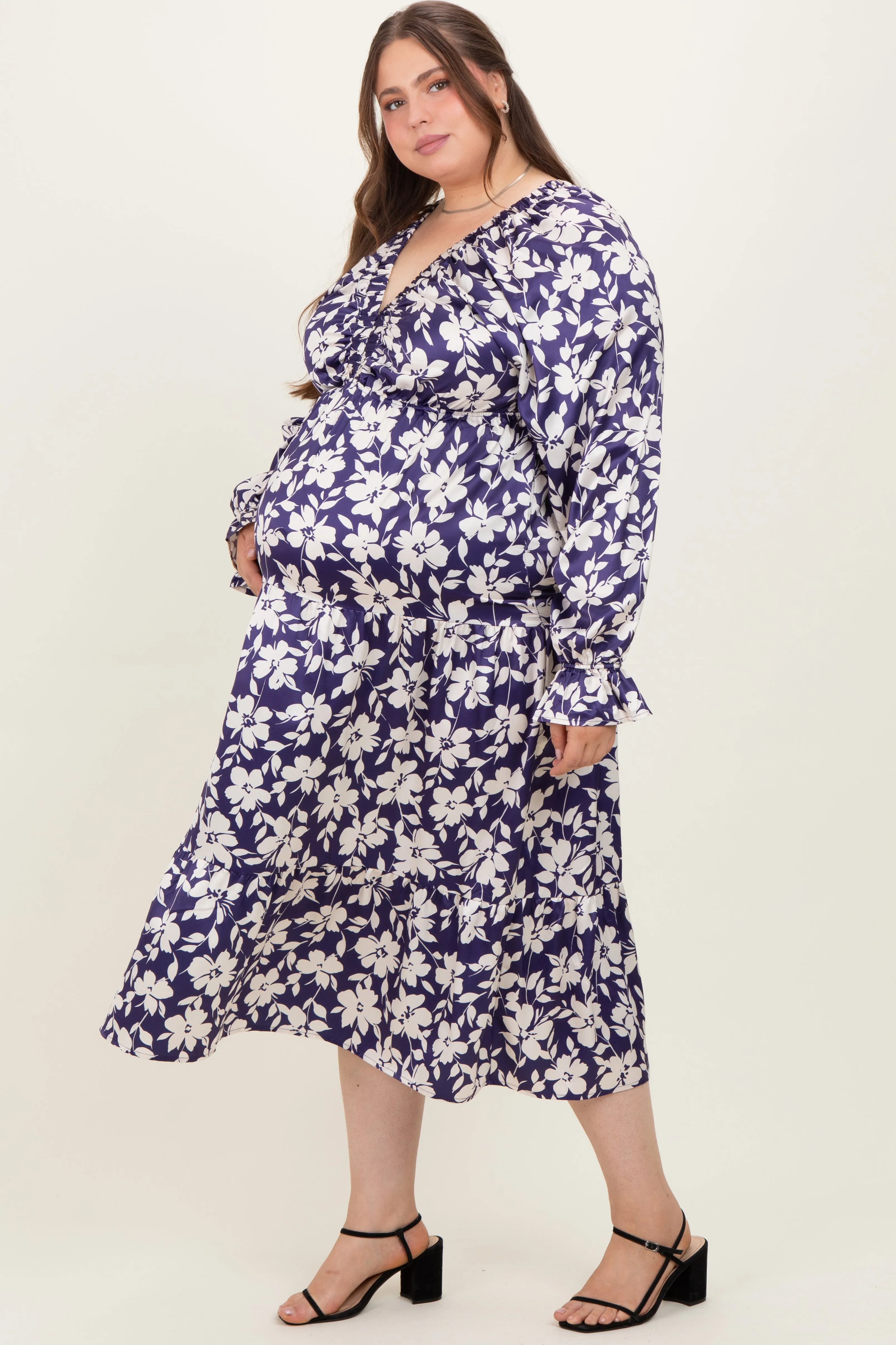 Navy Floral Tiered Ruched V-Neck Satin Plus Maternity Maxi Dress sold by Pinkblush product image thumbnail 3