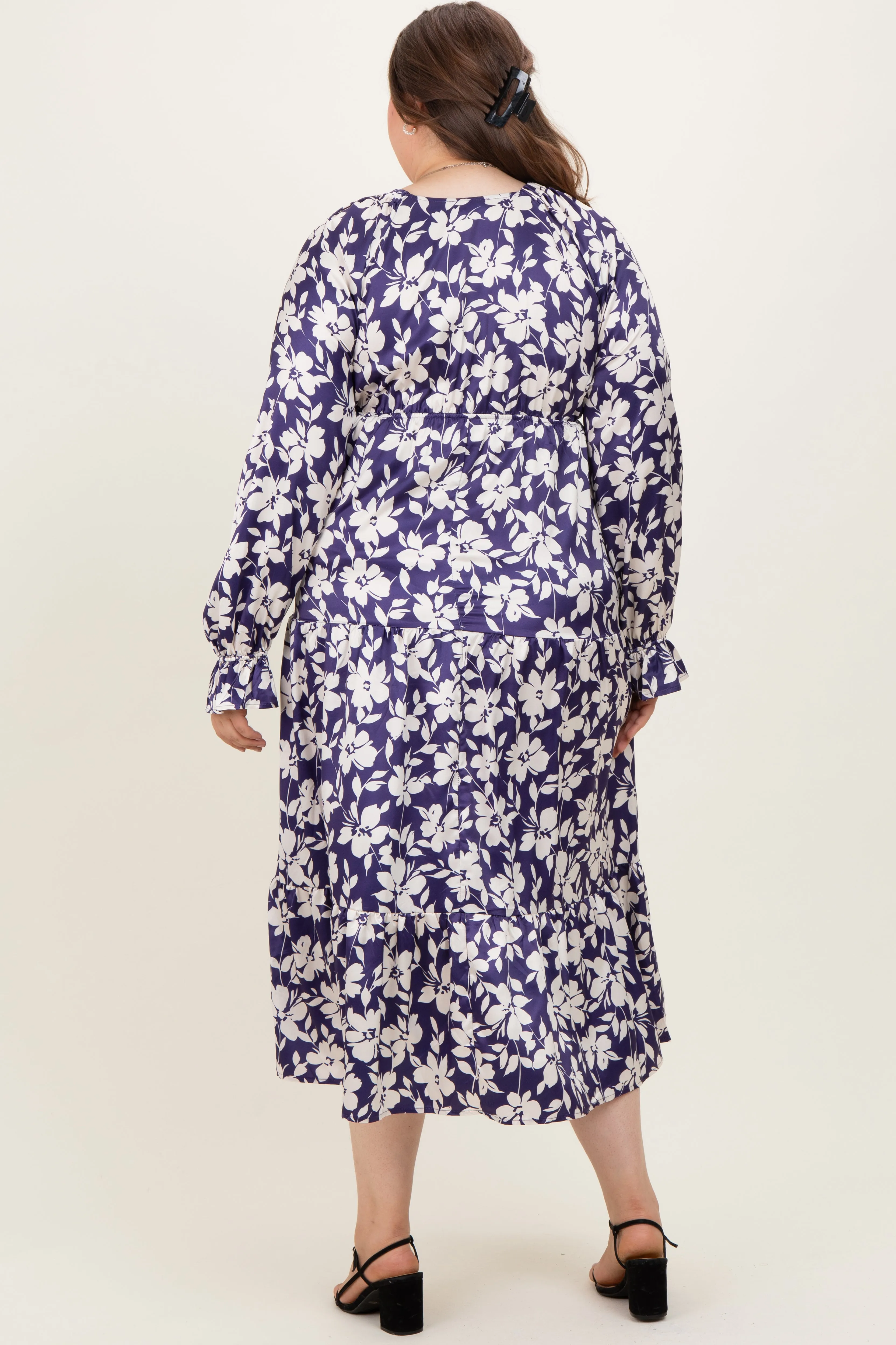 Navy Floral Tiered Ruched V-Neck Satin Plus Maternity Maxi Dress sold by Pinkblush product image thumbnail 4