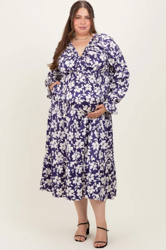 Navy Floral Tiered Ruched V-Neck Satin Plus Maternity Maxi Dress made by Pinkblush