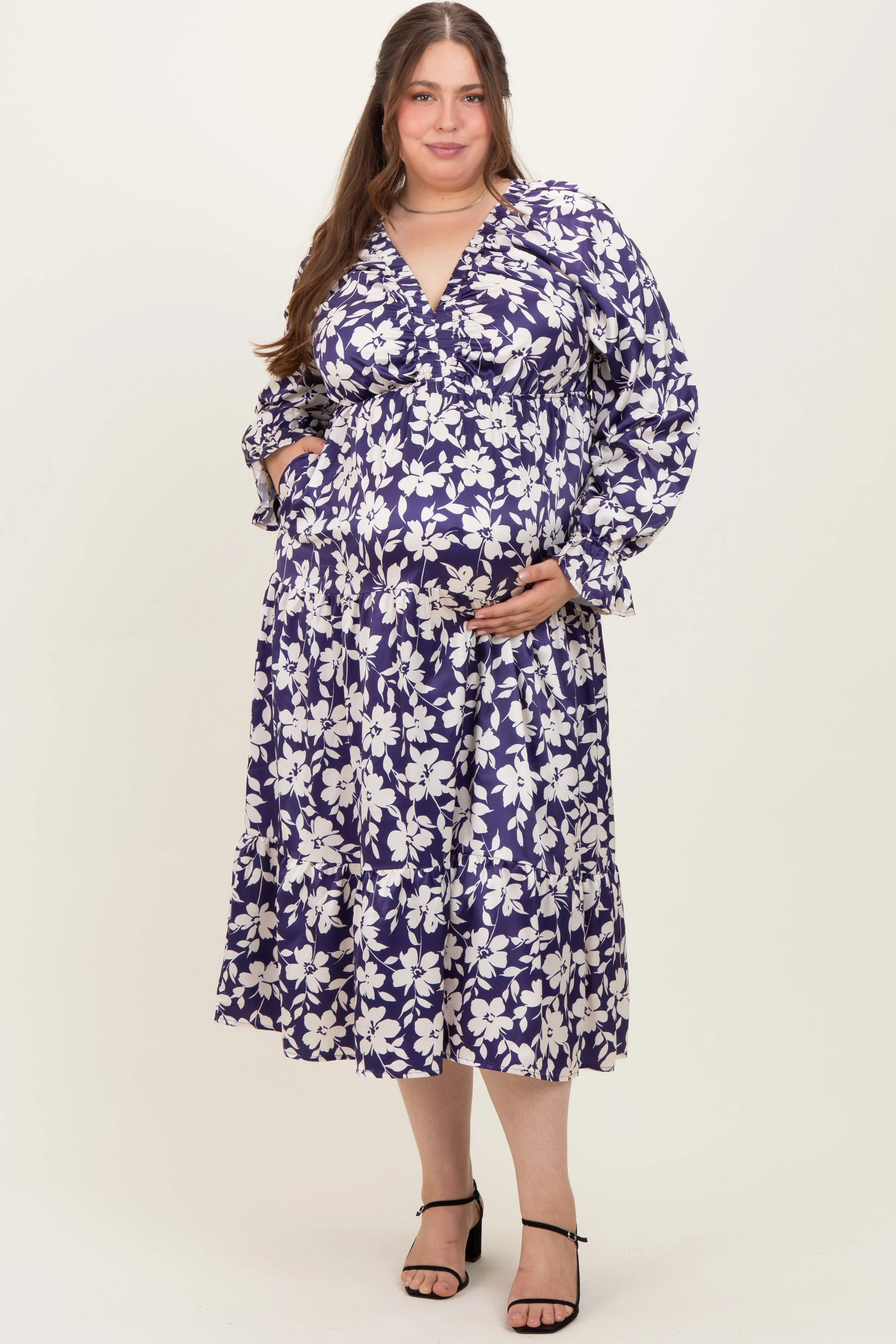 Navy Floral Tiered Ruched V-Neck Satin Plus Maternity Maxi Dress sold by Pinkblush