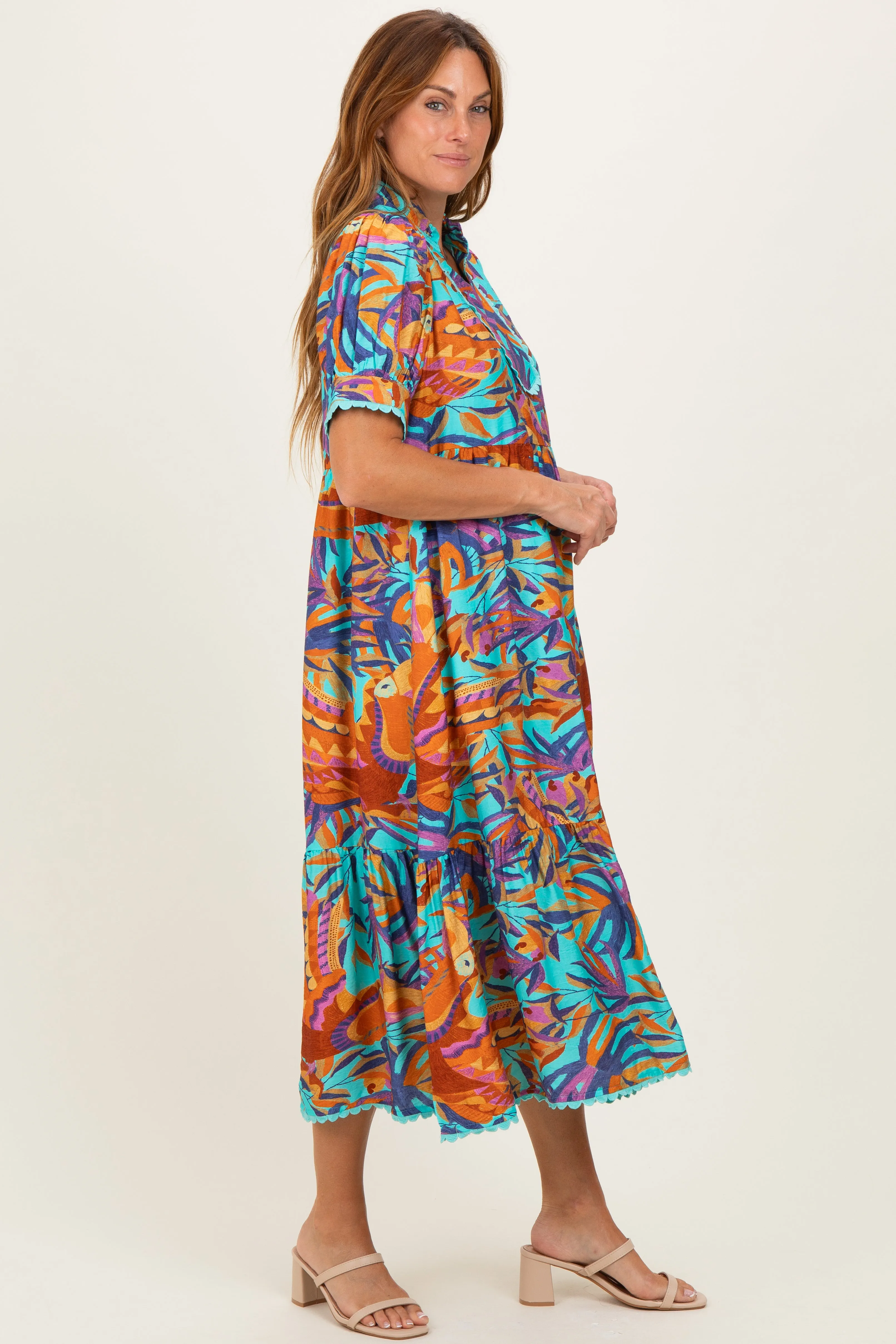 Aqua Mix Leaf Print Pocketed Midi Dress sold by Pinkblush