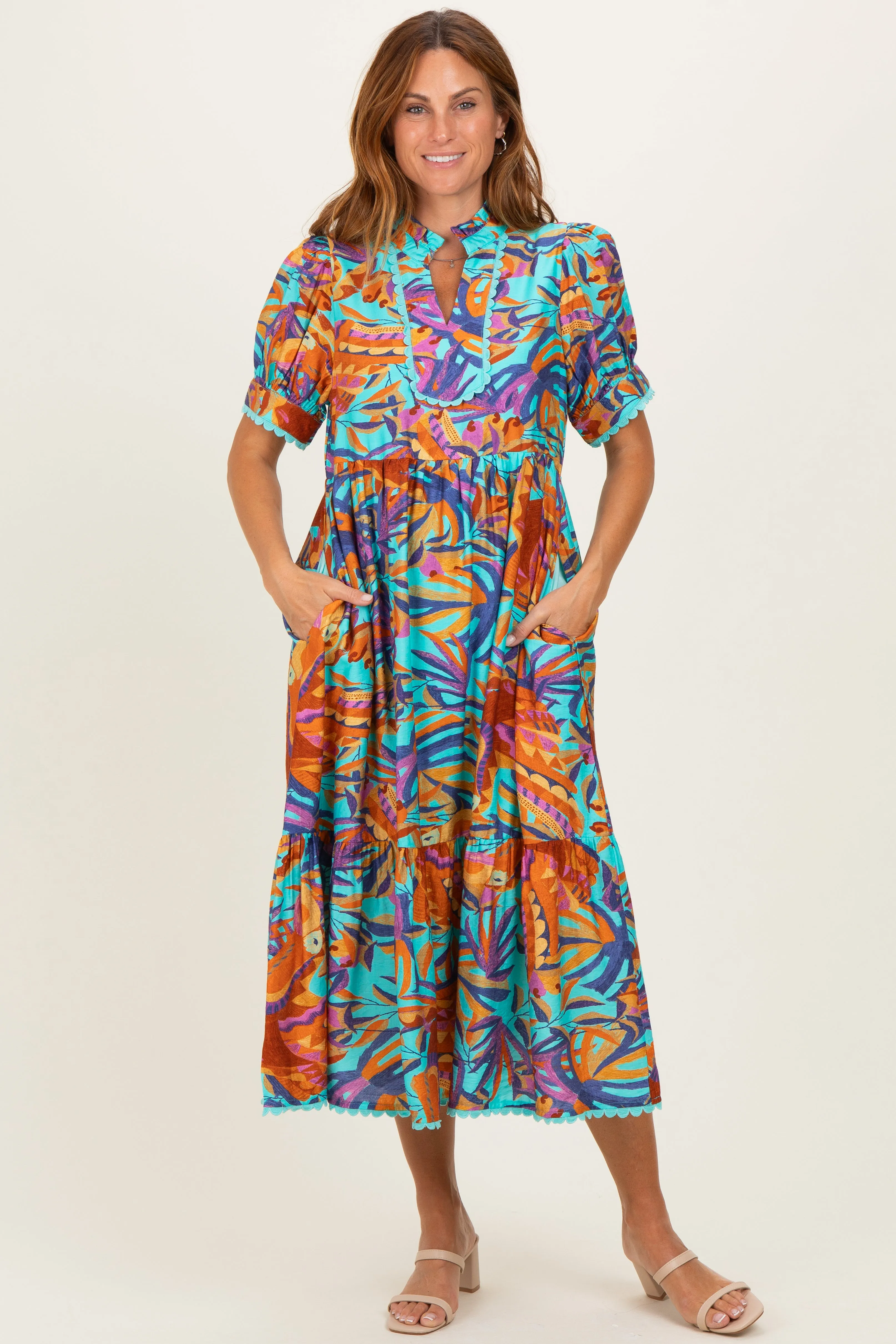 Aqua Mix Leaf Print Pocketed Midi Dress sold by Pinkblush product image thumbnail 2