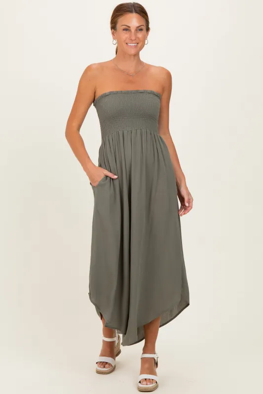 Olive Smocked Strapless Tulip Leg Jumpsuit made by Final Touch