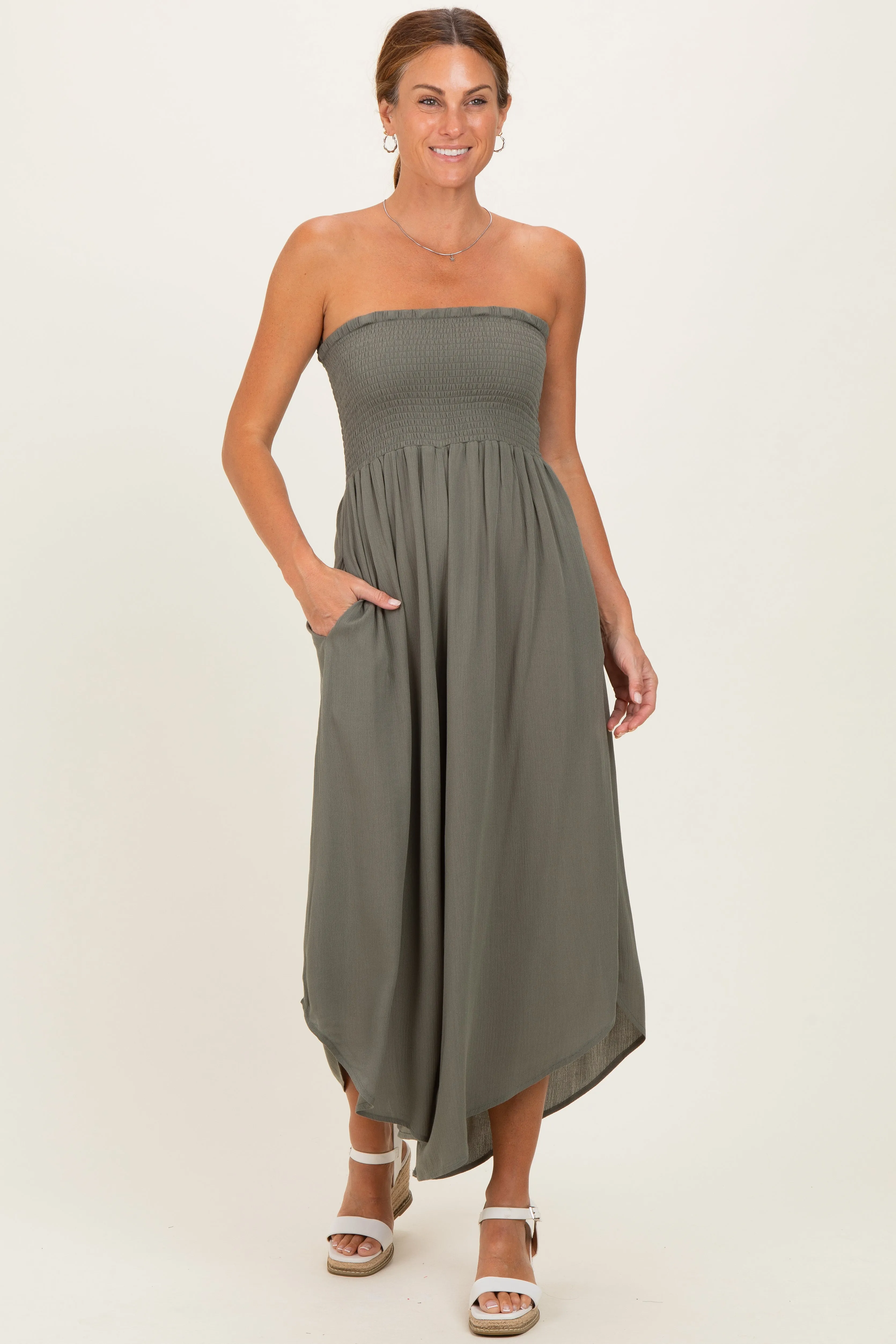 Olive Smocked Strapless Tulip Leg Jumpsuit sold by Pinkblush