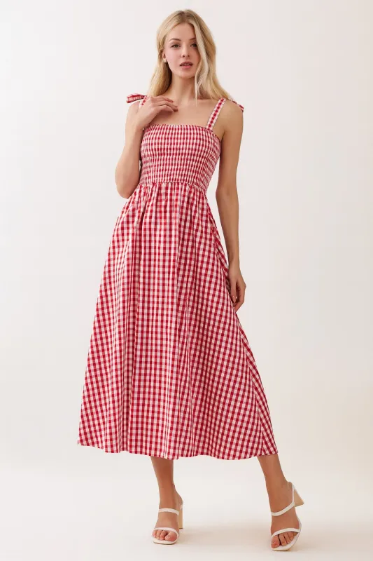 Red Gingham Smocked Shoulder Tie Midi Dress made by Pinkblush