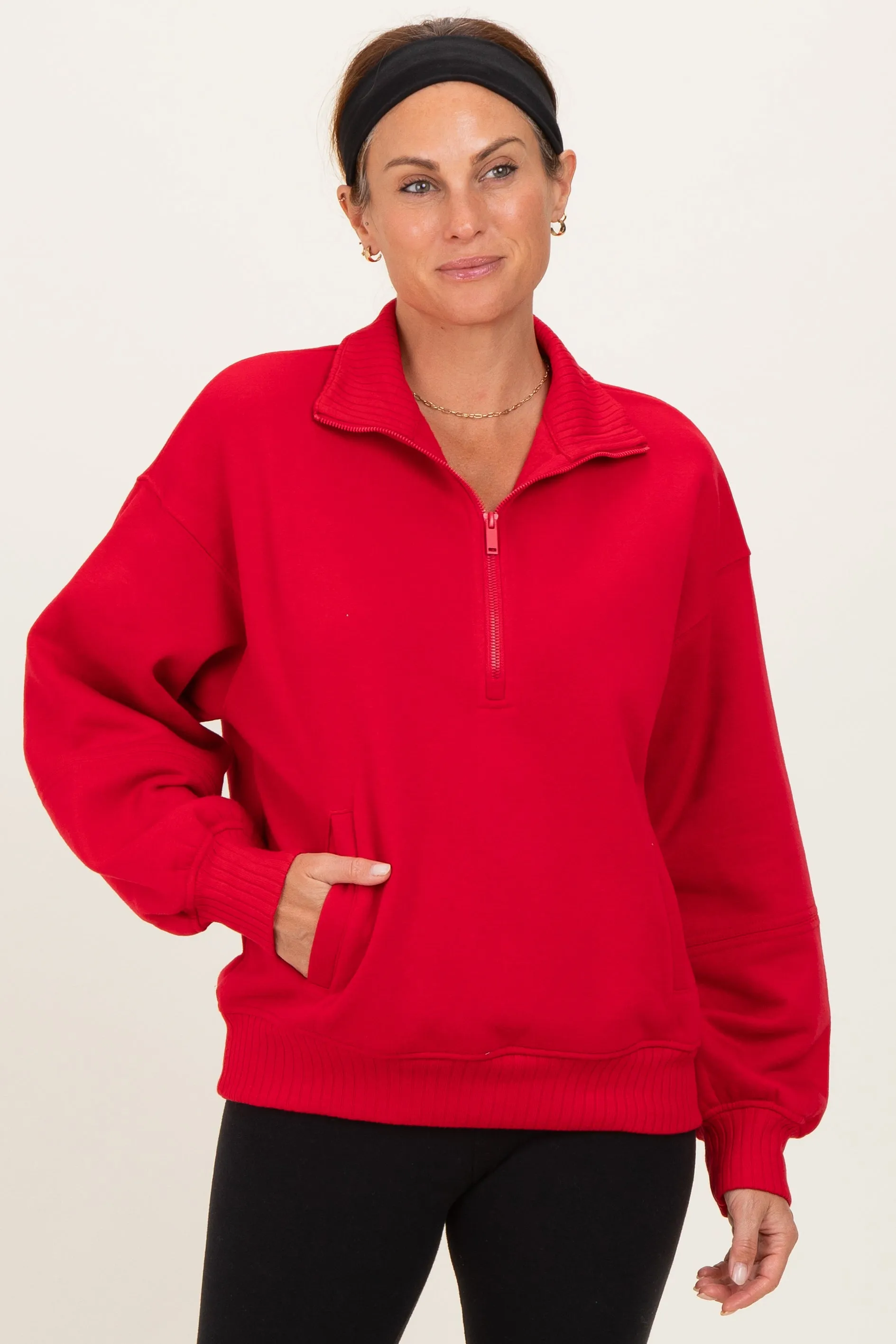 Red French Terry Quarter Zip Pullover sold by Pinkblush
