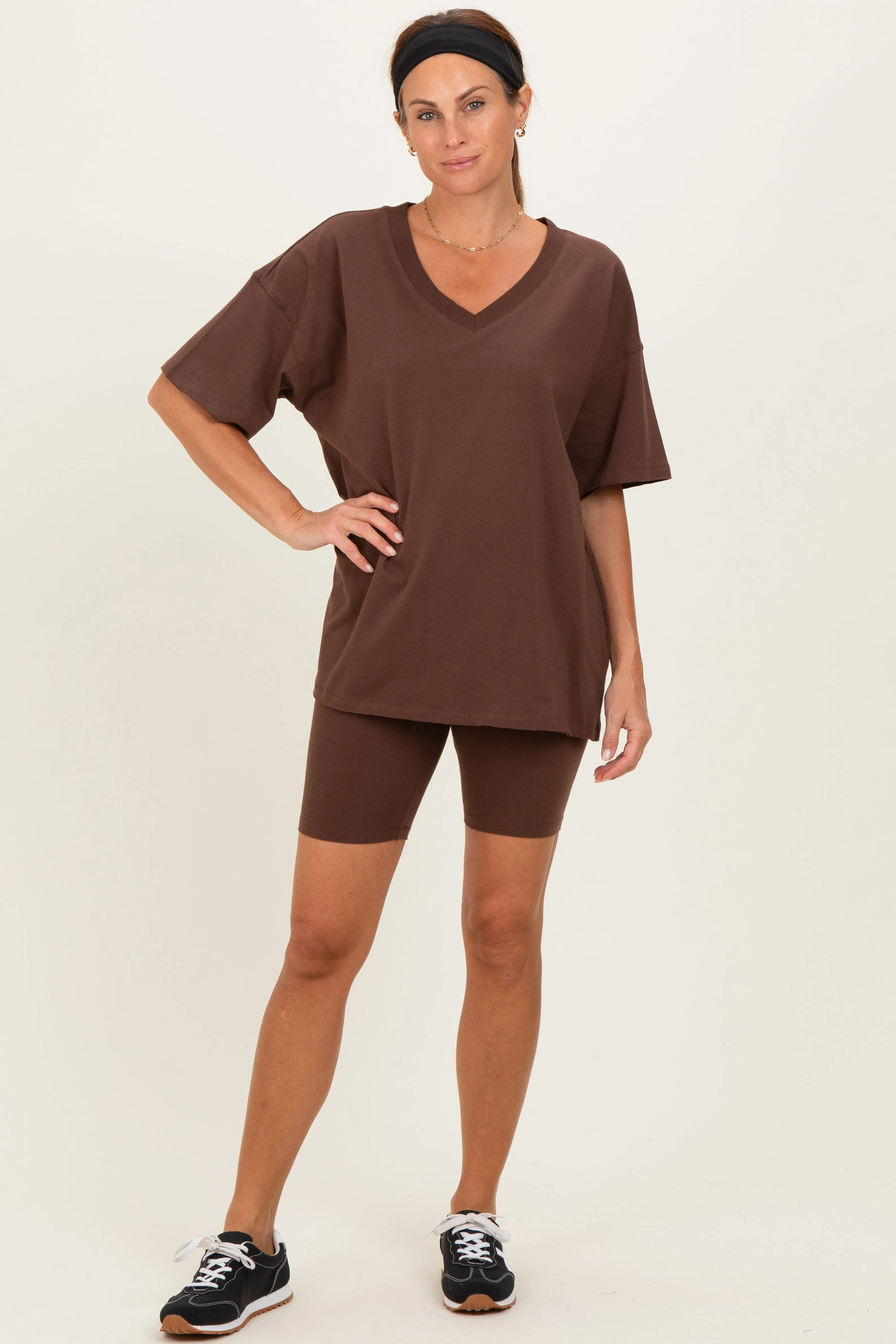 Brown Oversized V-Neck Biker Short Set sold by Pinkblush product image thumbnail 2