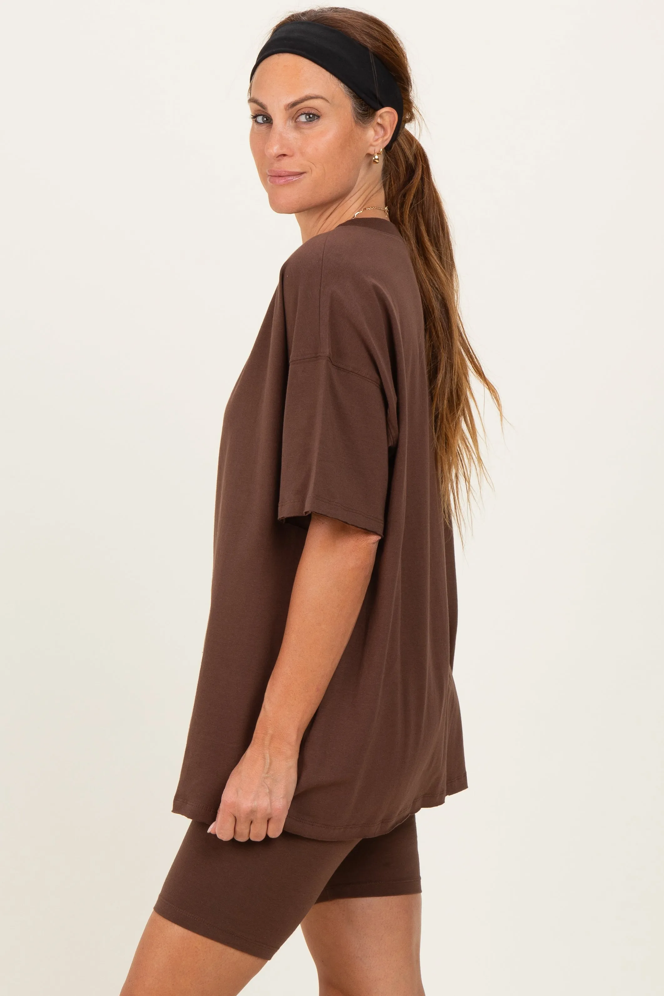 Brown Oversized V-Neck Biker Short Set sold by Pinkblush product image thumbnail 3