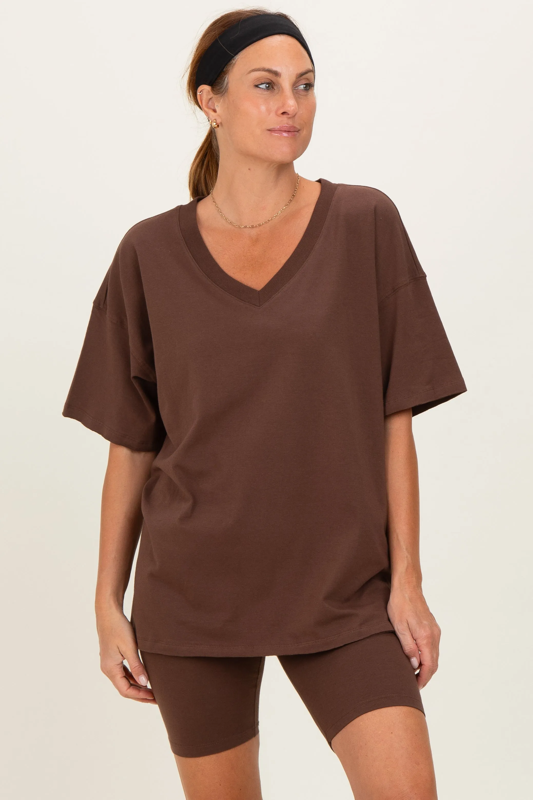 Brown Oversized V-Neck Biker Short Set sold by Pinkblush