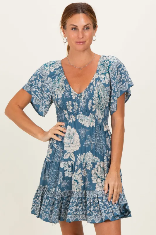 Green Short Sleeve Floral Smocked Bodice Dress made by Angie