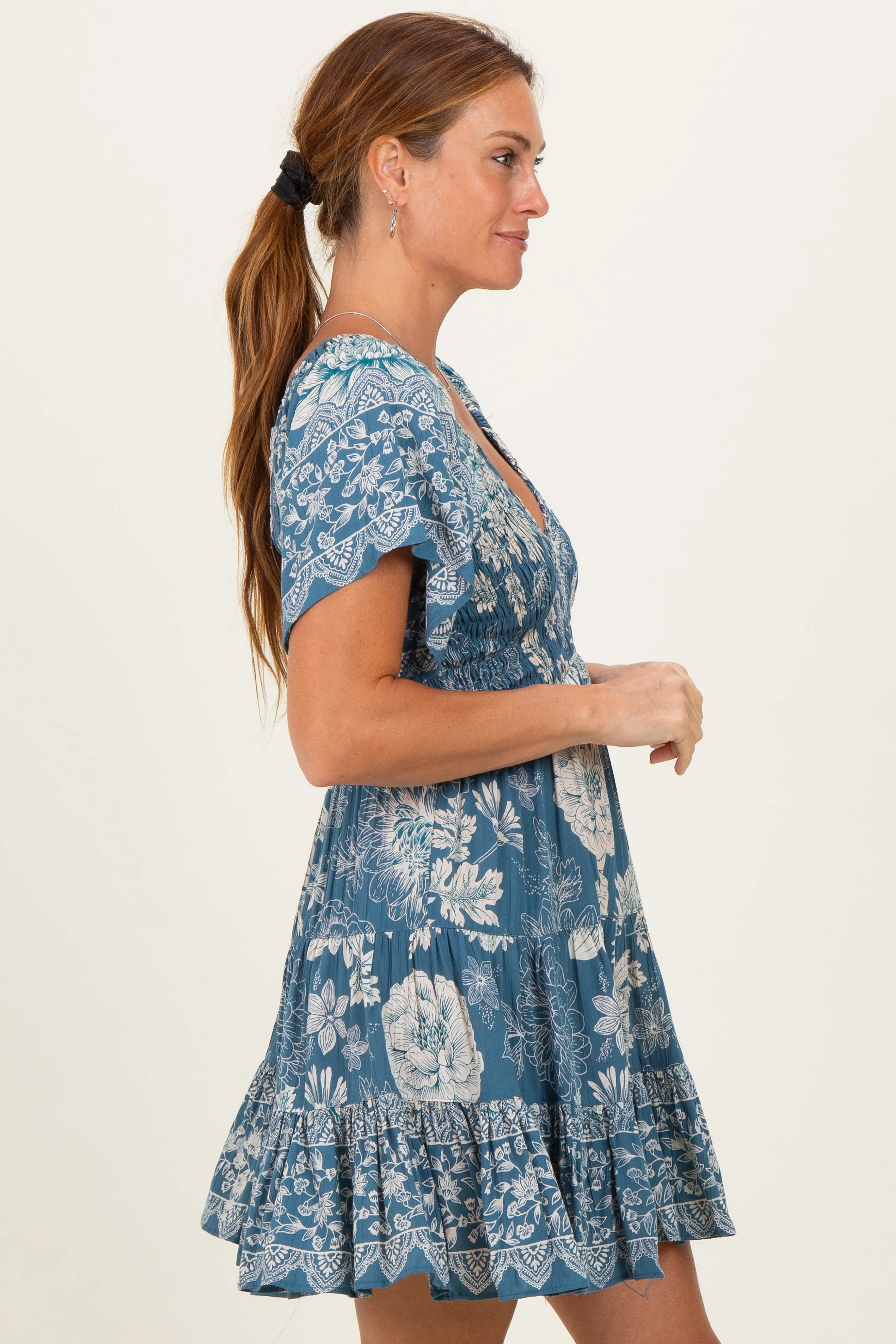 Green Short Sleeve Floral Smocked Bodice Dress sold by Pinkblush product image thumbnail 3