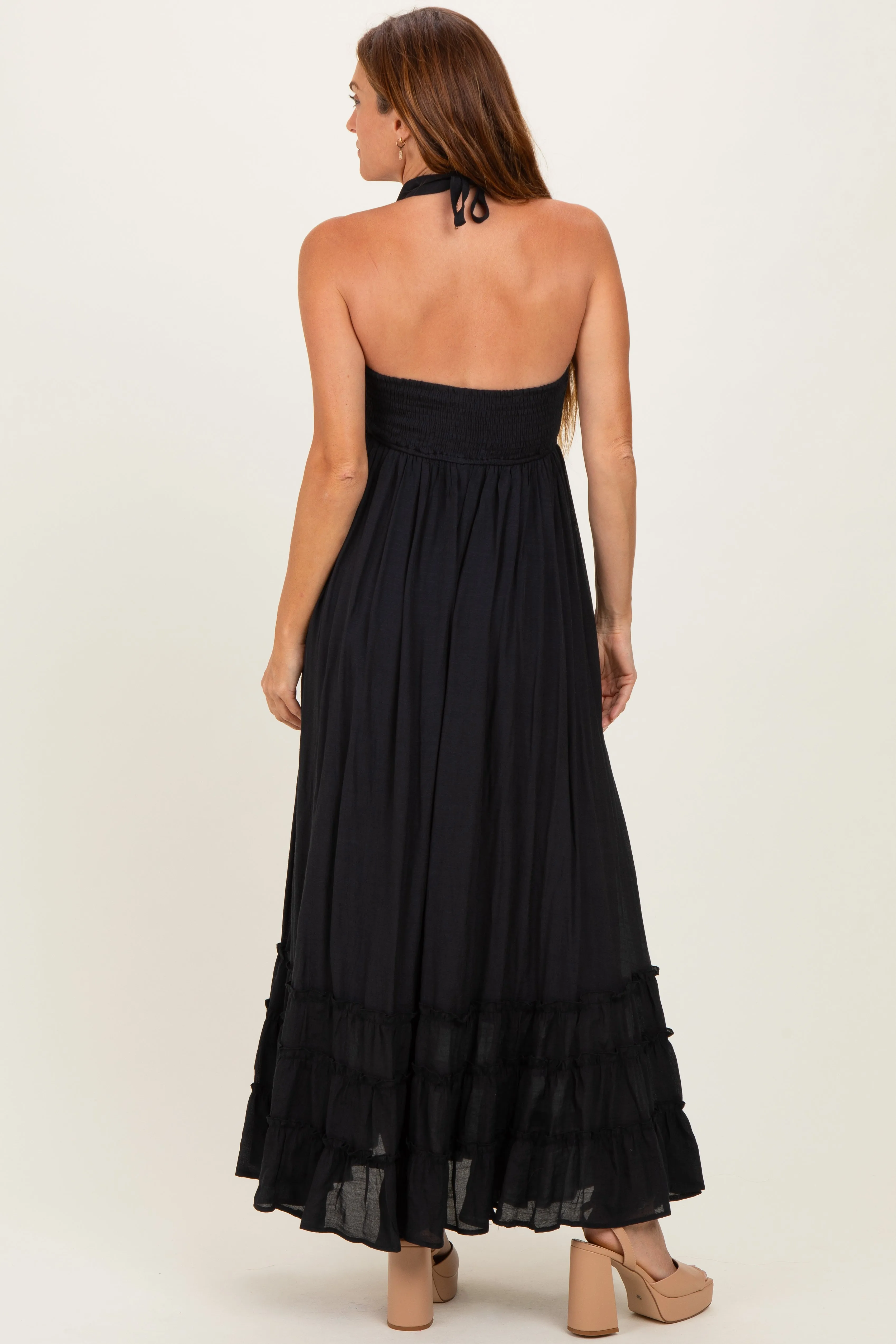 Black Halter Neck Smocked Maxi Dress sold by Pinkblush product image thumbnail 3