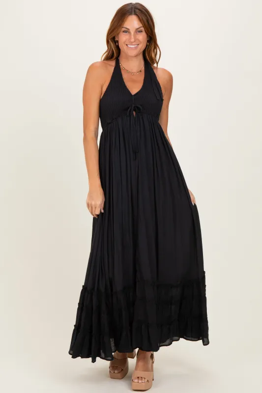 Black Halter Neck Smocked Maxi Dress made by HYFVE