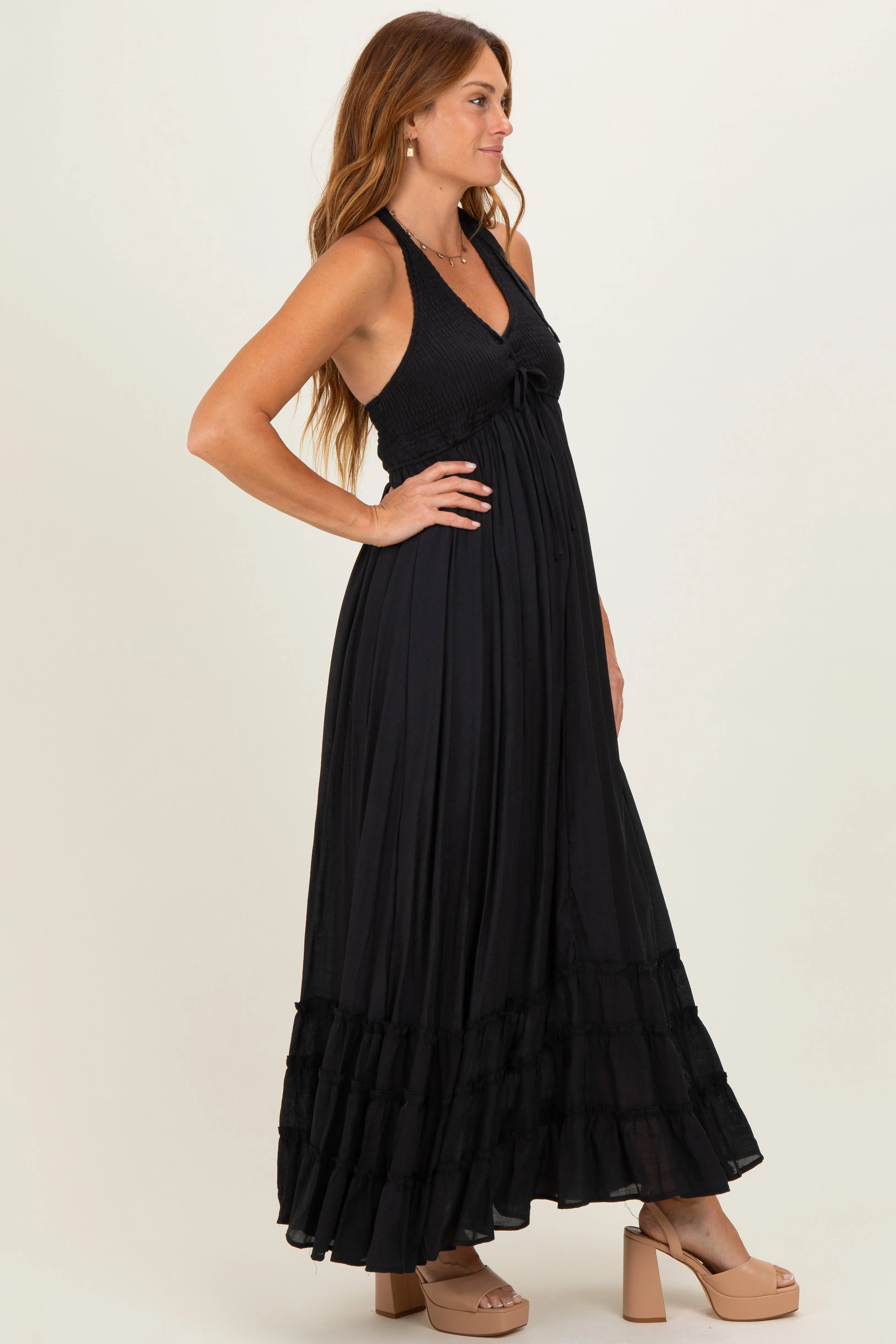Black Halter Neck Smocked Maxi Dress sold by Pinkblush product image thumbnail 2