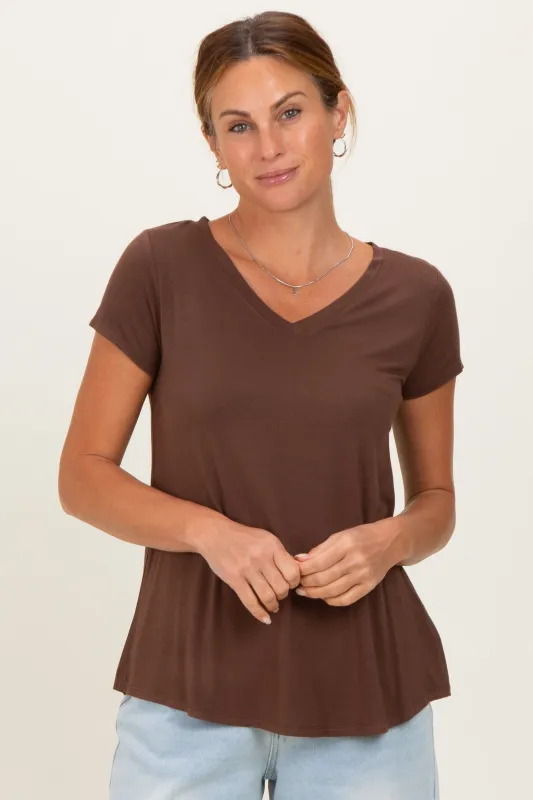 Brown Basic V-Neck Short Sleeve Top made by Zenana Outfitters