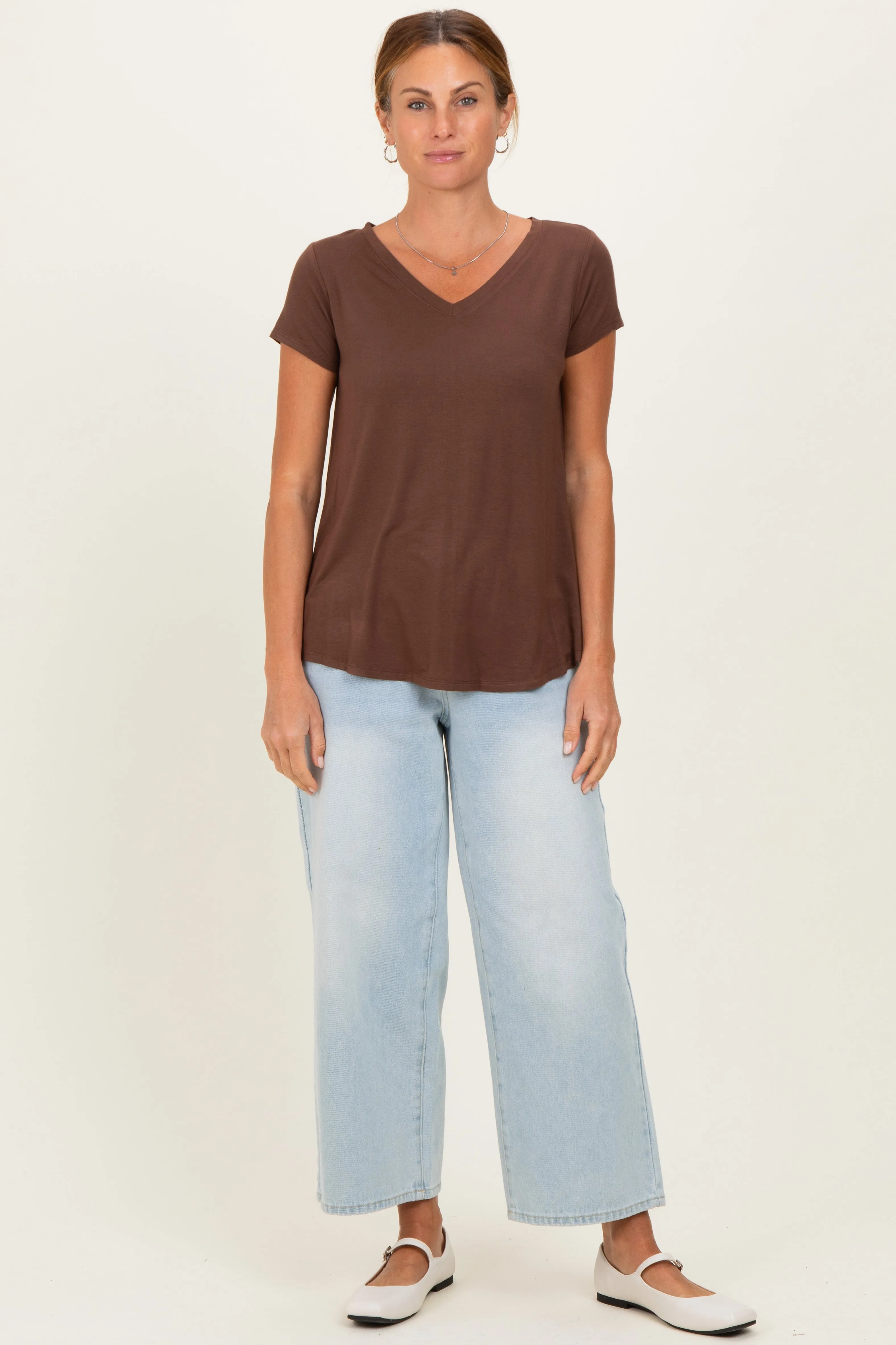 Brown Basic V-Neck Short Sleeve Top sold by Pinkblush product image thumbnail 2