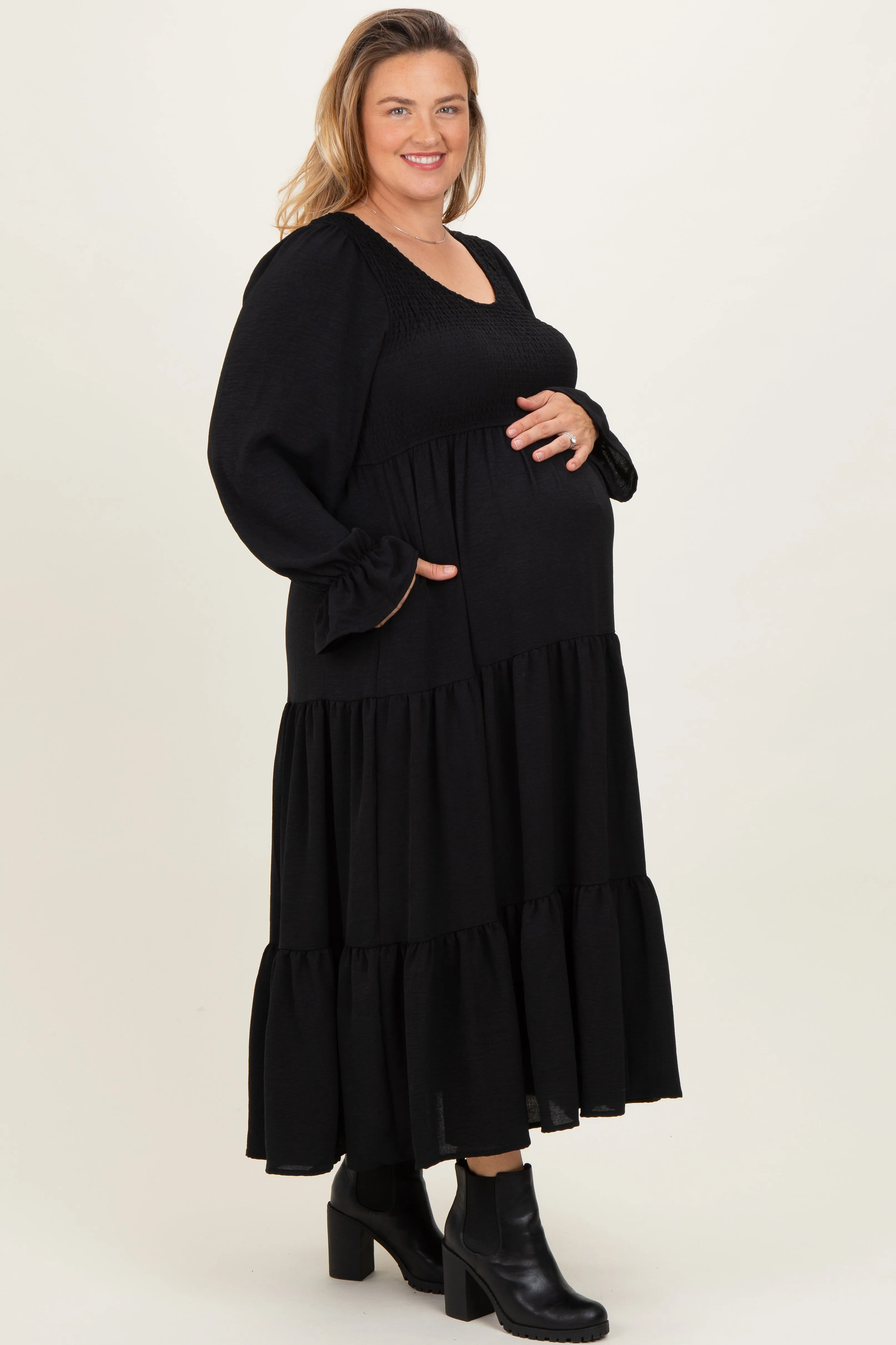 Black Smocked Tiered Long Sleeve Plus Maternity Maxi Dress sold by Pinkblush product image thumbnail 2