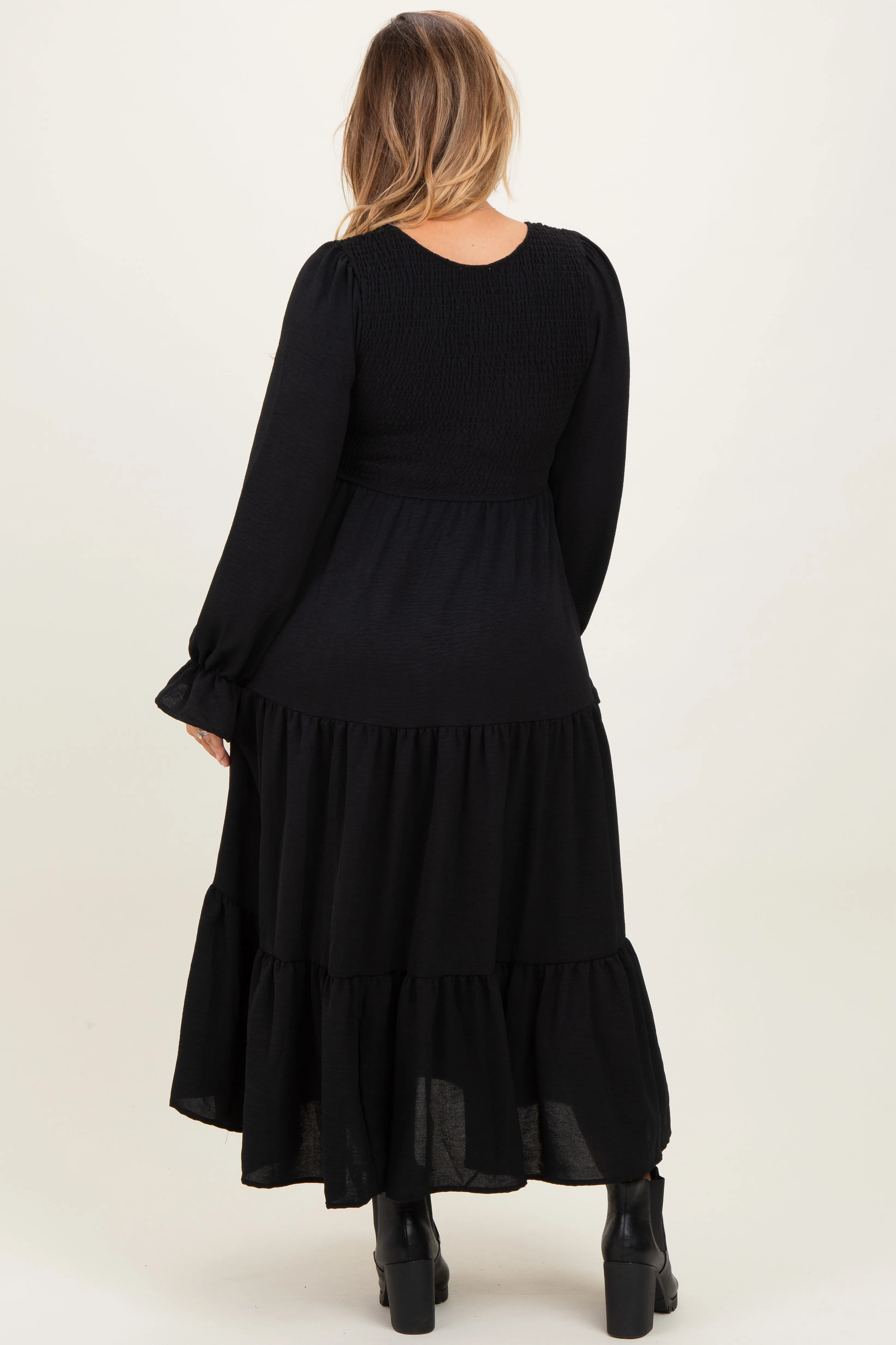 Black Smocked Tiered Long Sleeve Plus Maternity Maxi Dress sold by Pinkblush product image thumbnail 3