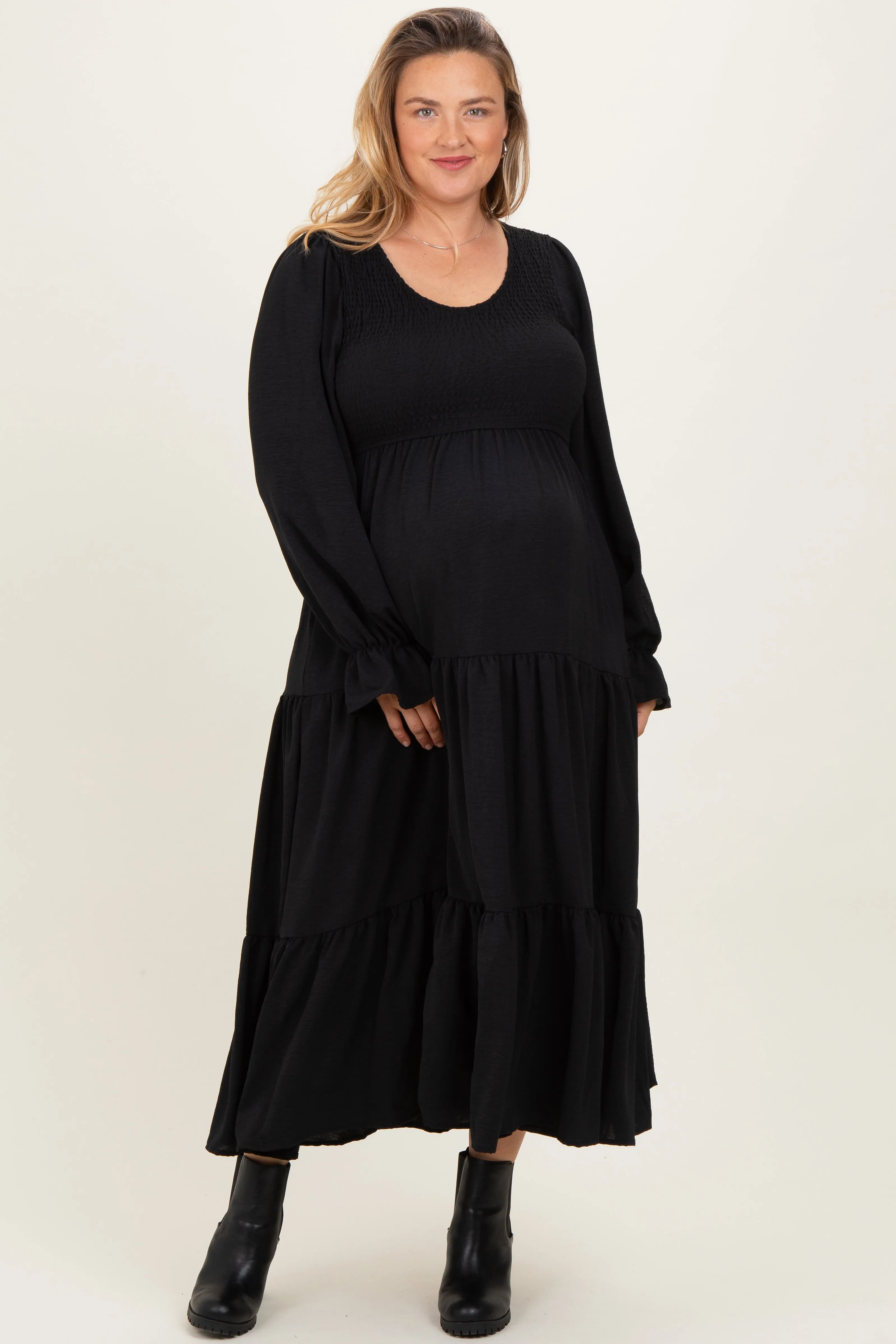 Black Smocked Tiered Long Sleeve Plus Maternity Maxi Dress sold by Pinkblush