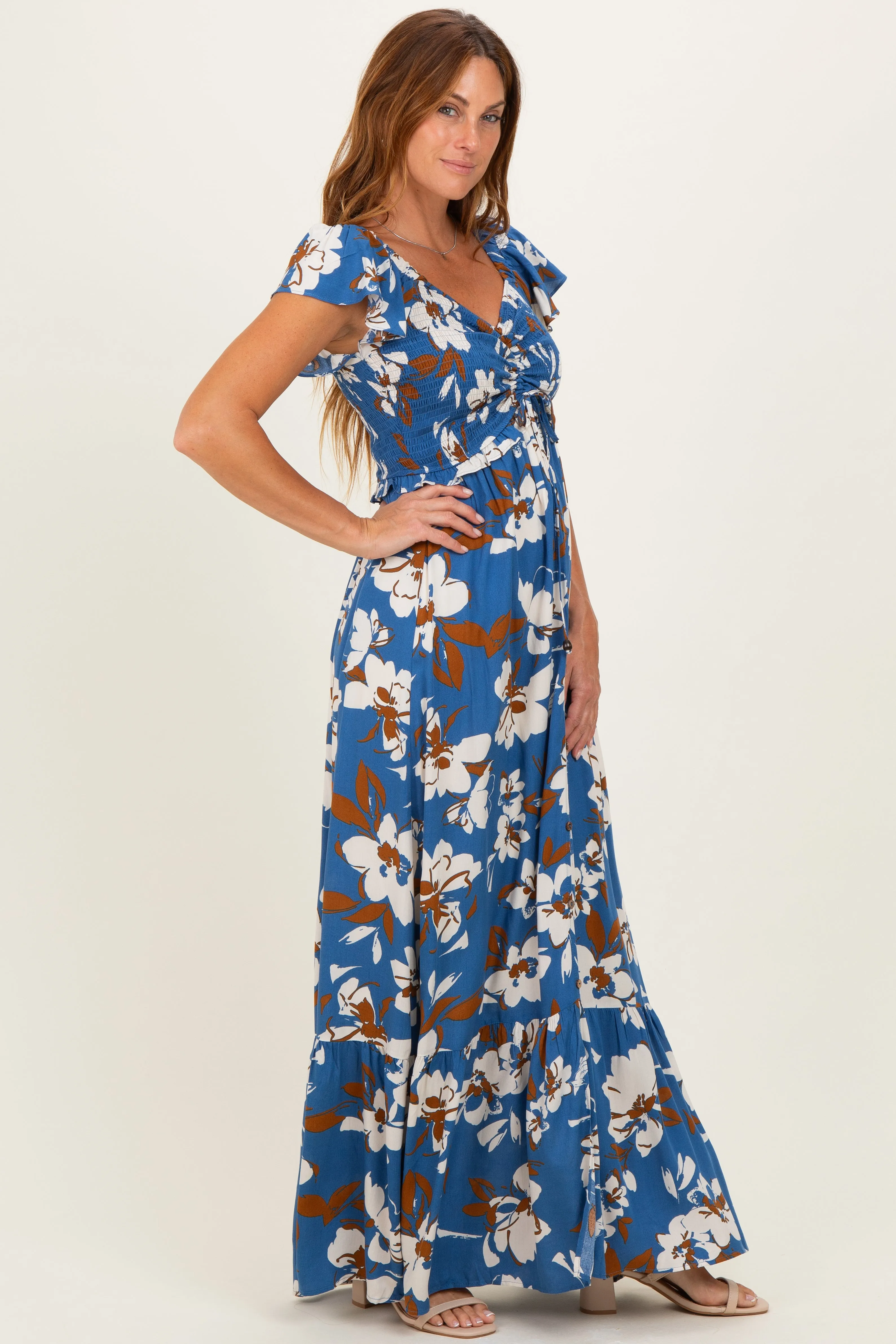Blue Floral Cinched Smocked Maxi Dress sold by Pinkblush product image thumbnail 3