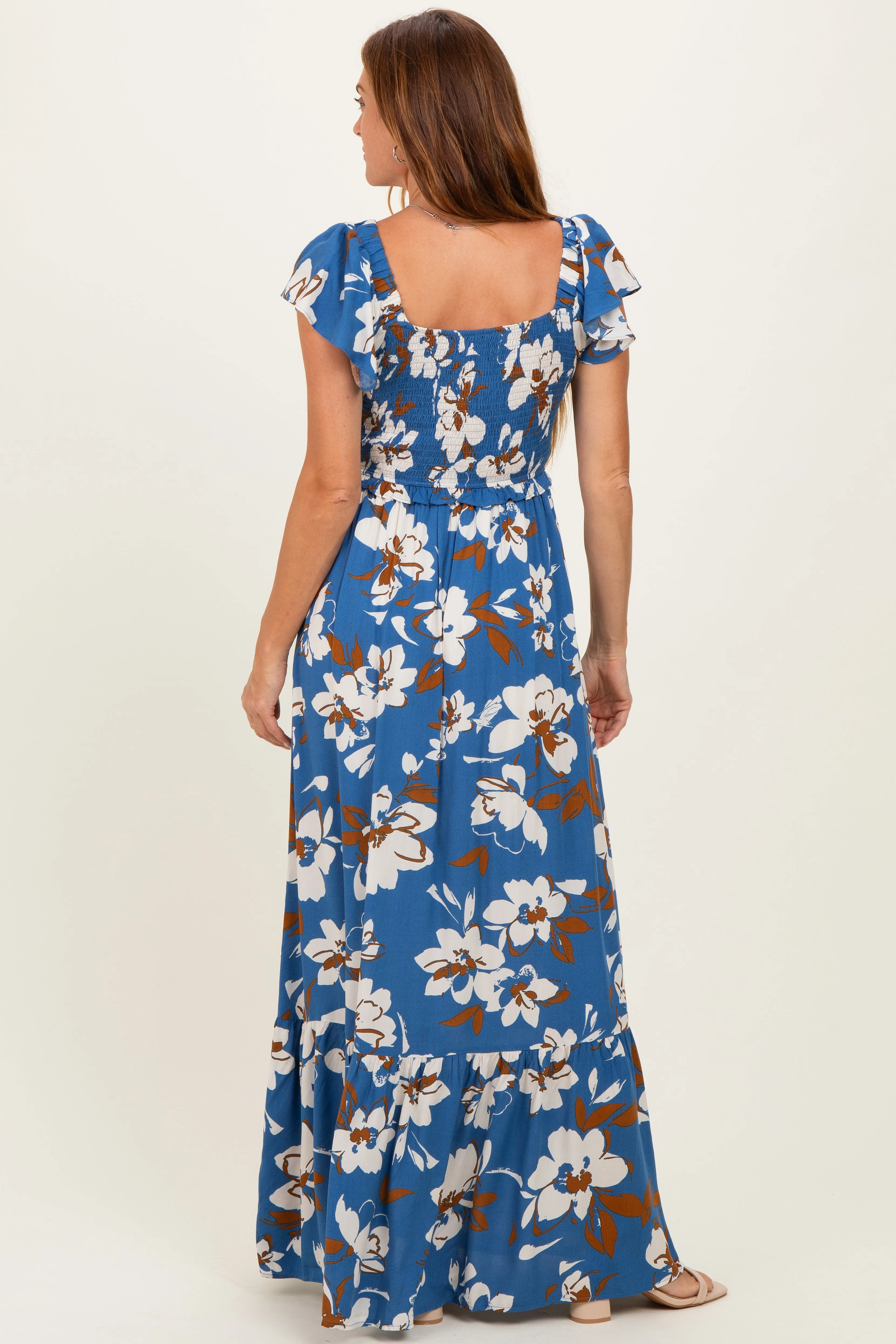 Blue Floral Cinched Smocked Maxi Dress sold by Pinkblush product image thumbnail 4