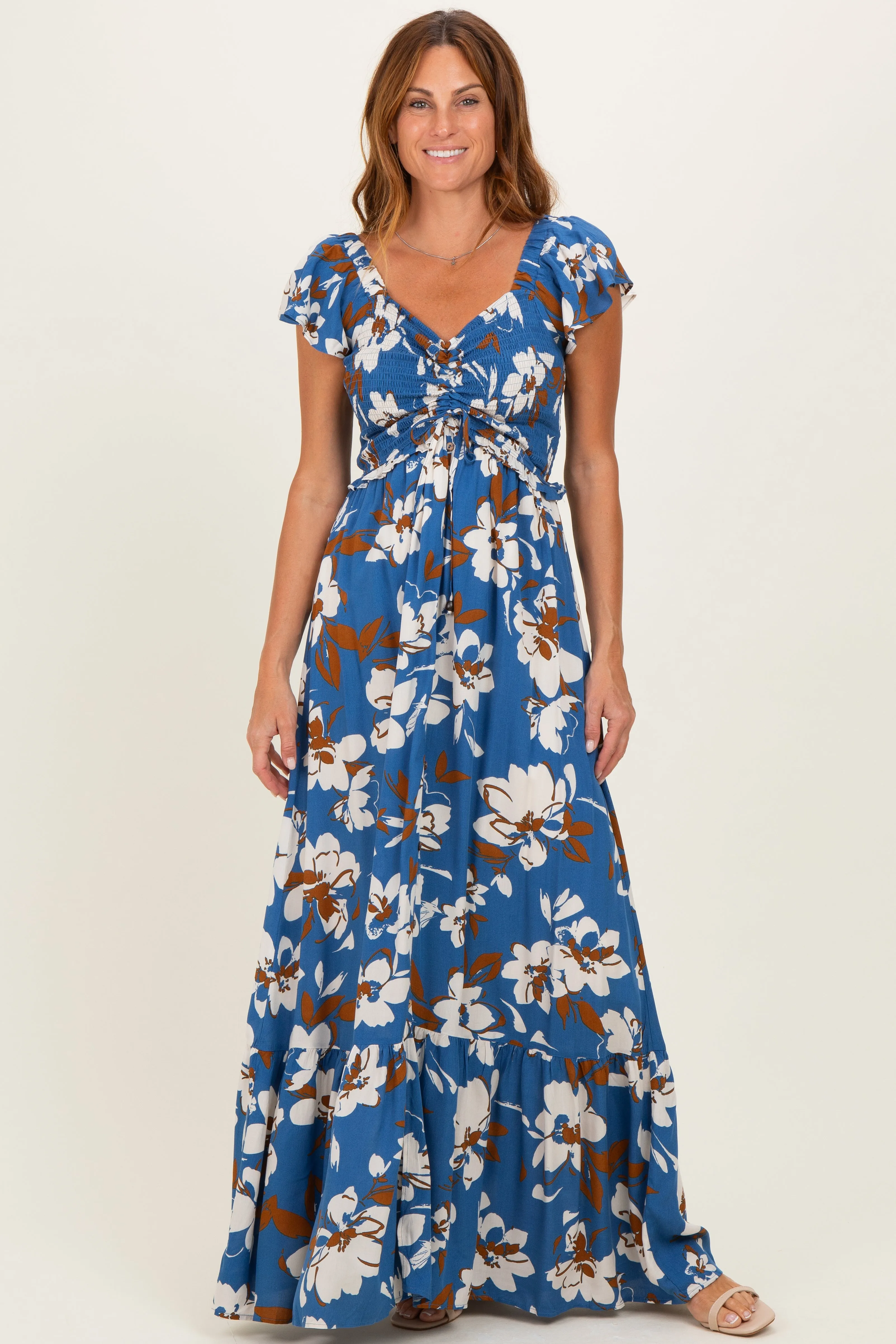 Blue Floral Cinched Smocked Maxi Dress sold by Pinkblush product image thumbnail 2