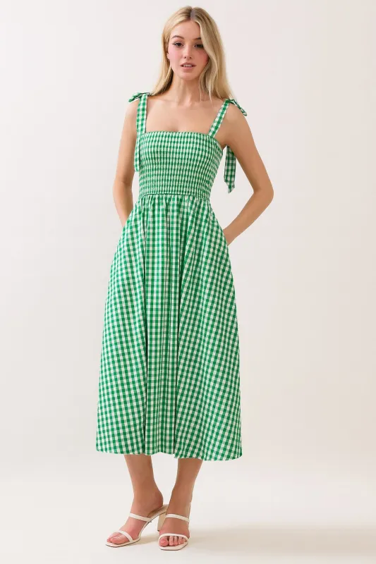 Green Gingham Smocked Shoulder Tie Midi Dress made by Pinkblush