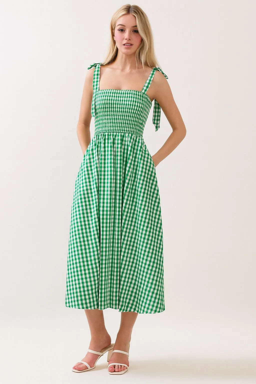 Green Gingham Smocked Shoulder Tie Midi Dress sold by Pinkblush